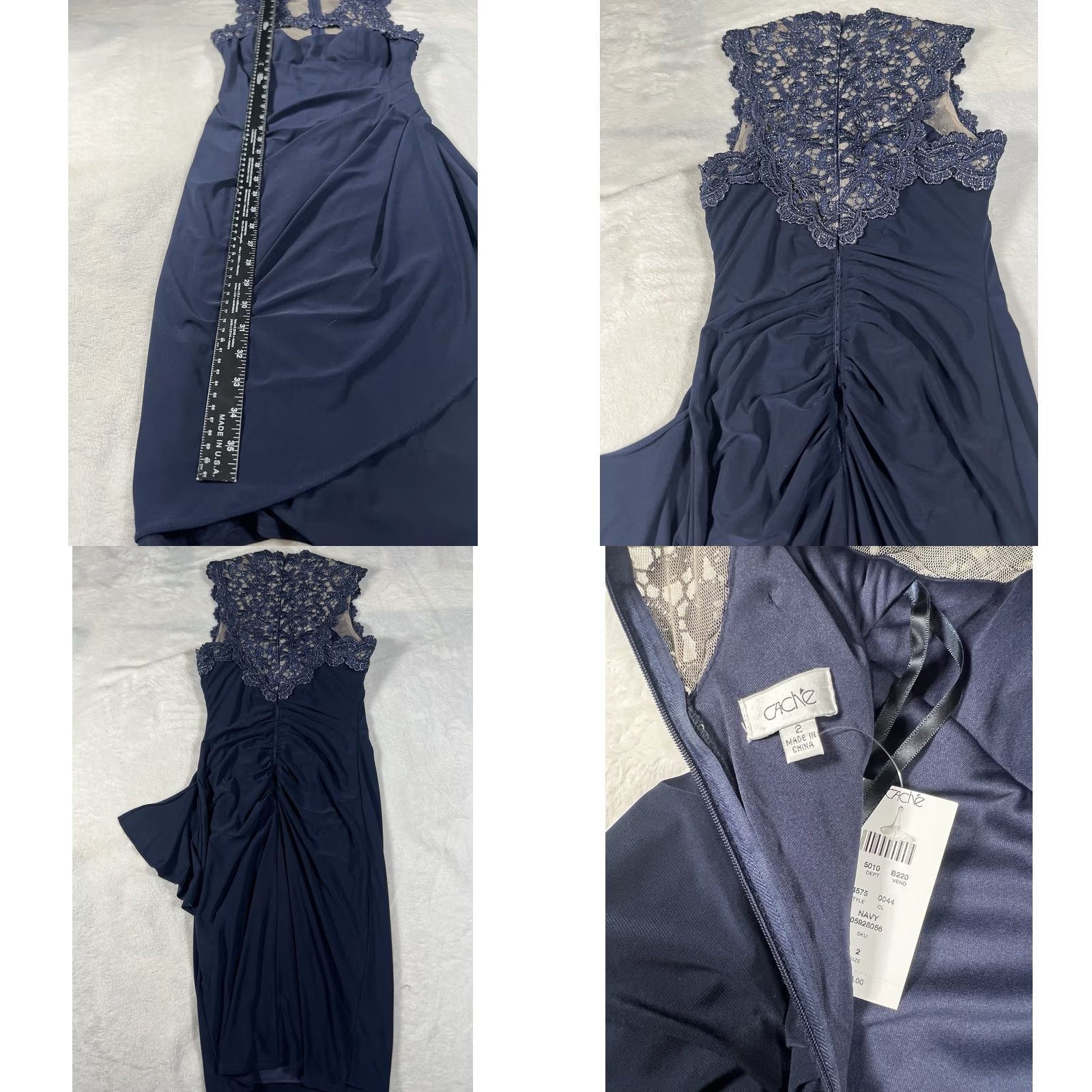 Vintage Cache' Navy Blue Net & Lace Key Hole Midi Dress - Sleeveless Ruched Waist Formal 2 NWT 14575 Size XS / US 0-2 / IT 36-38 - 8 Thumbnail