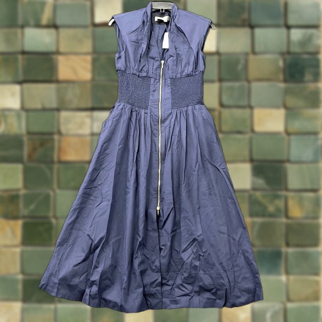 ANTHROPOLOGIE The Tommie Zip-Front Midi Dress Shirt Dress Women SP Blue Midi Casual Sleeveless V-Neck 100% Cotton Small Petite Womens