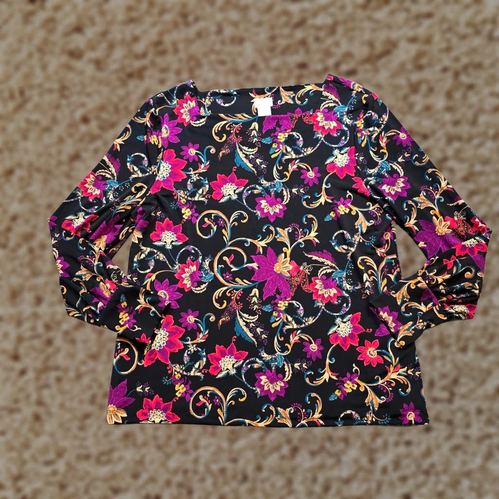 Vintage Chicos Travelers Top Womens Large Black Floral Stretch Square Neck Career Shirt Size L / US 10 / IT 46 - 1 Thumbnail