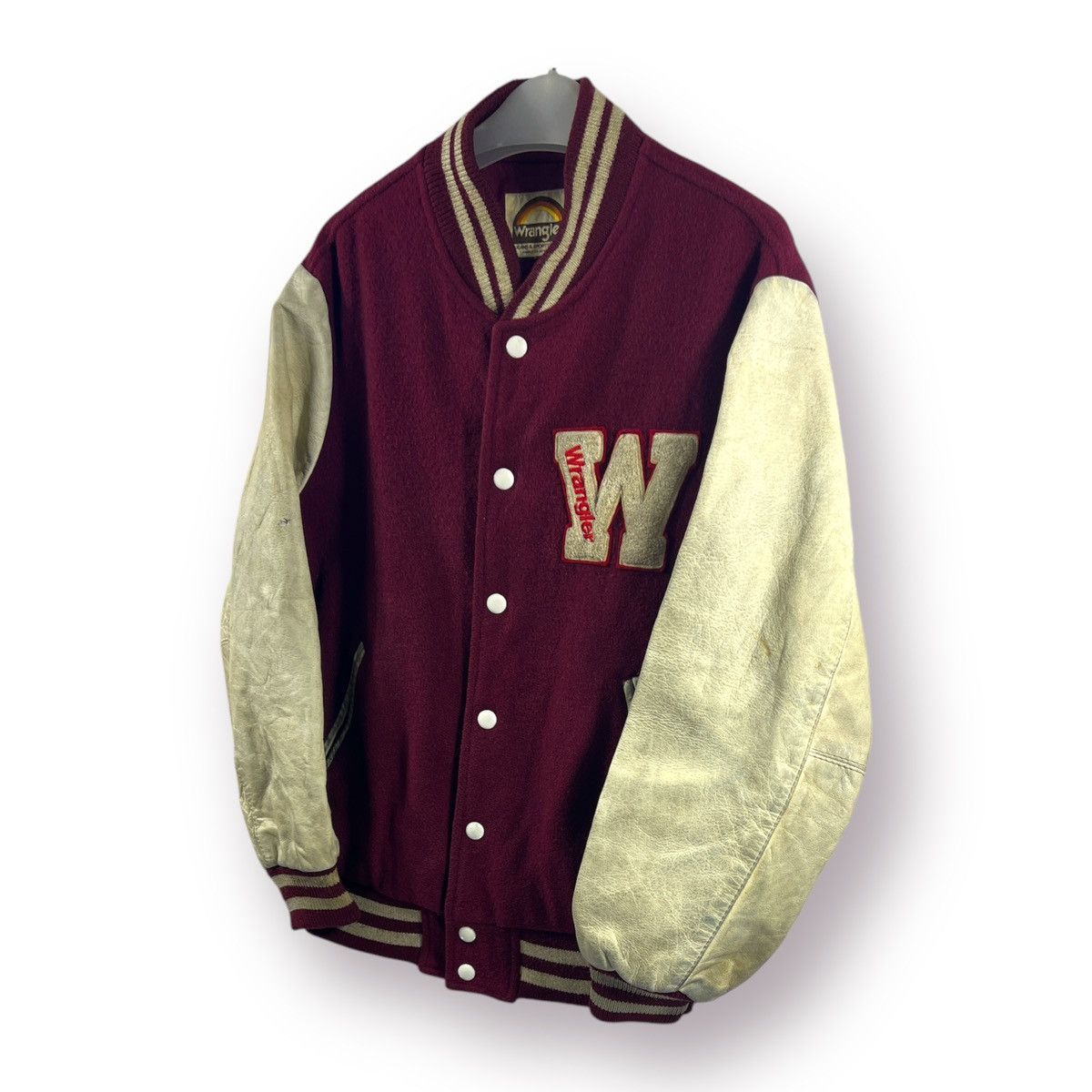 Vintage 🔥 Vtg 90's japan Wrangler Leather Sleeves Varsity Jacket Size US S / EU 44-46 / 1 - 2 Thumbnail