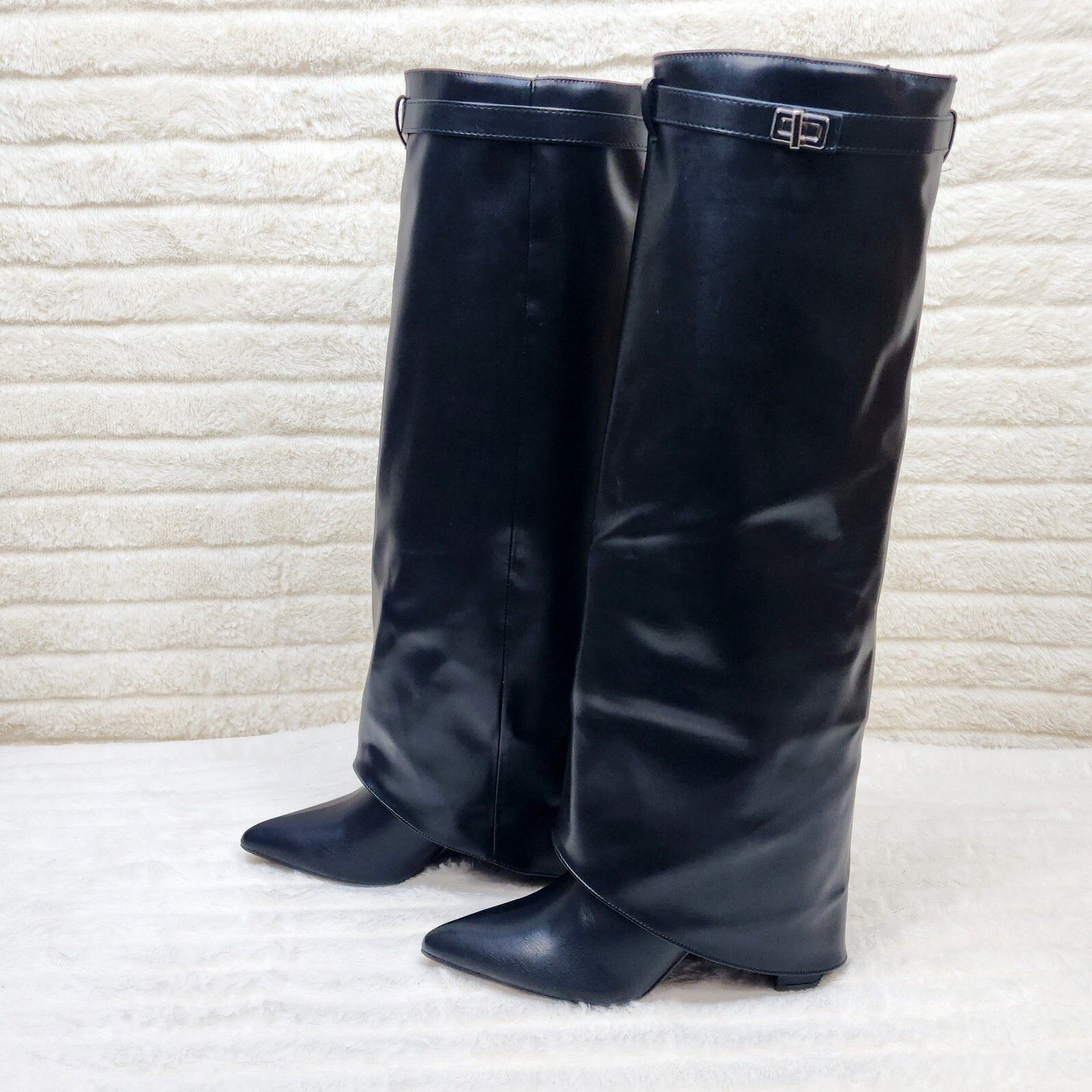 Other Paris Black Skirted Fold Over 3.5" Block Heel Knee High Boot Size US 6 / IT 36 - 4 Thumbnail