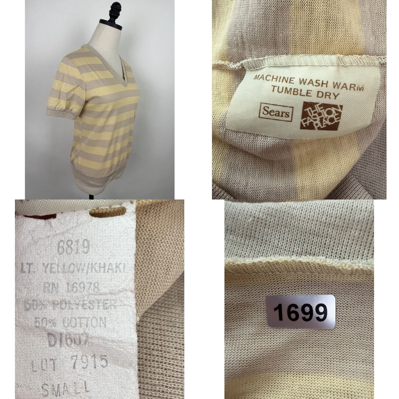 Sears VINTAGE Sears T-Shirt Ringer Womens Small 70s Beige Butter Yellow Striped V-Neck Cotton Blend Knit Size S / US 4 / IT 40 - 8 Thumbnail