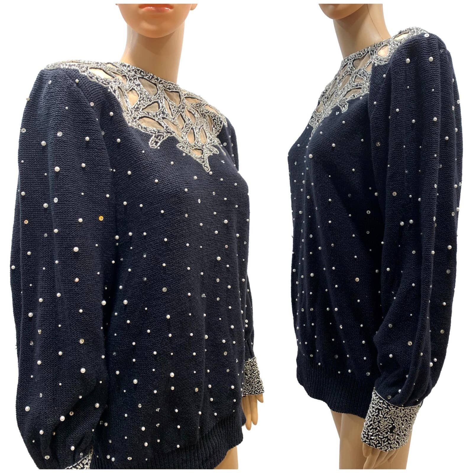 Vintage 80s Black Beaded Trophy Sweater w Pearls 1989 | S/M Size M / US 6-8 / IT 42-44 - 6 Thumbnail