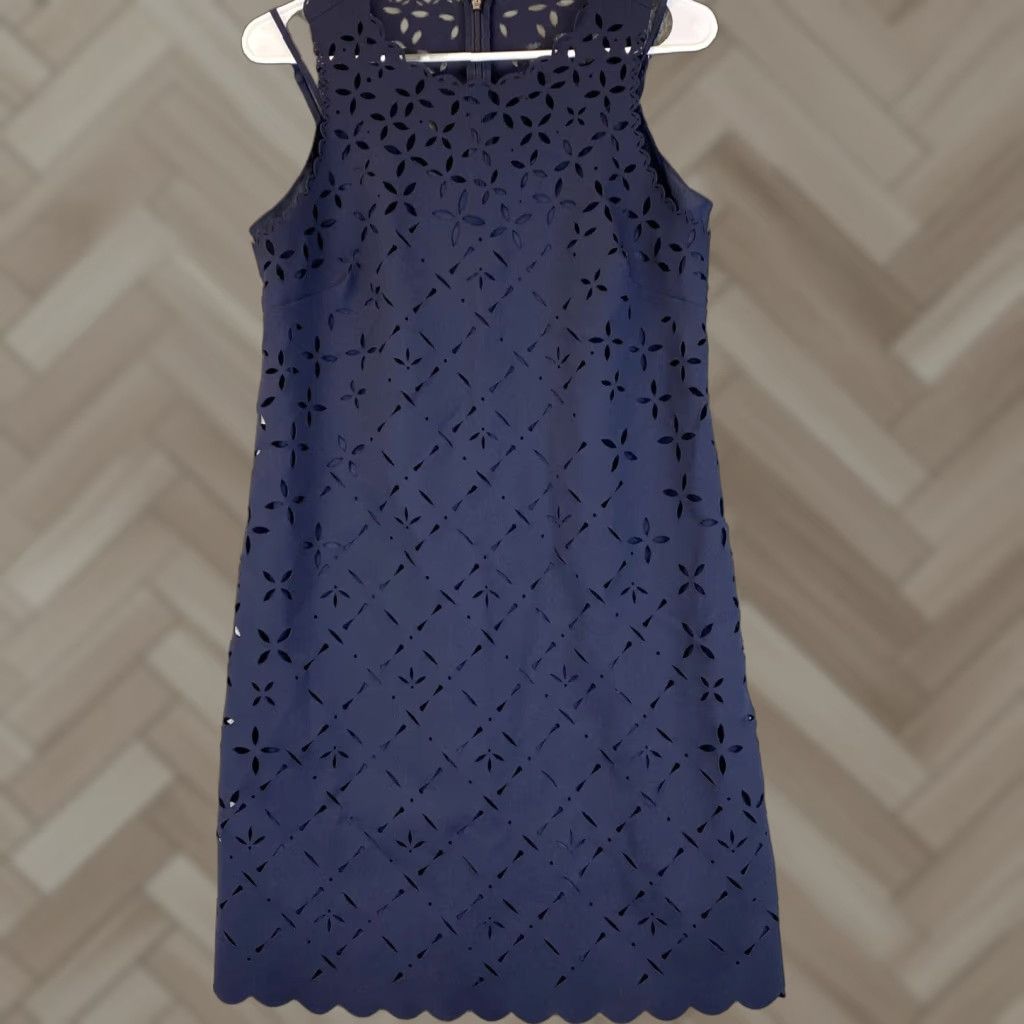 Vintage J Crew Womens Scalloped Crepe Sleeveless Sheath Dress Navy Blue Size 6 / 71-21 Size M / US 6-8 / IT 42-44 - 1 Thumbnail