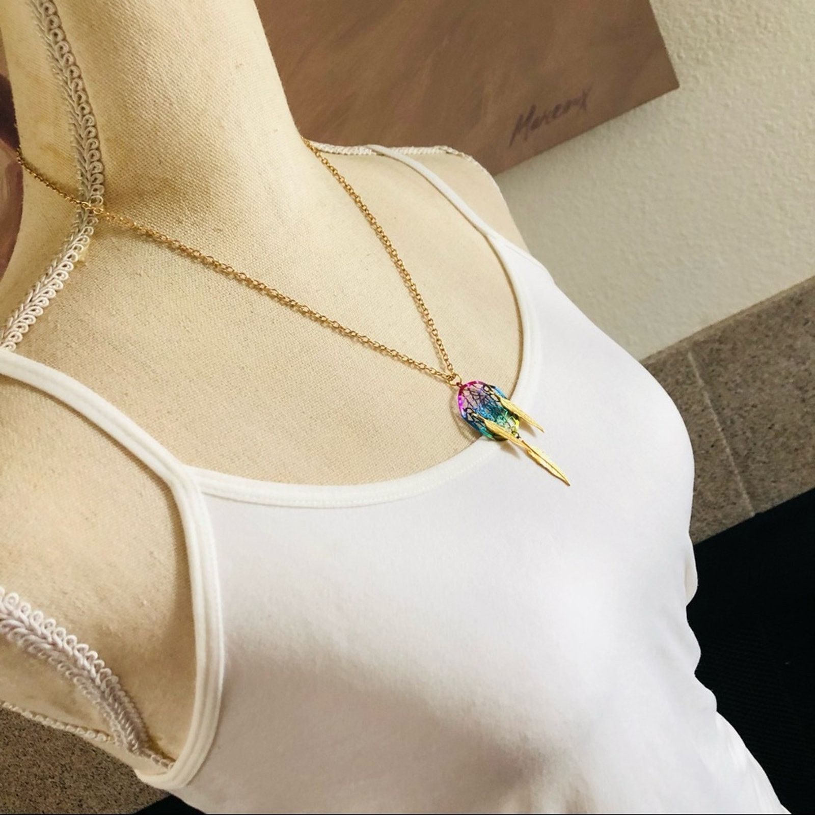 Jewelry Rainbow metal dream catcher gold feather pendant necklace Size ONE SIZE - 3 Thumbnail