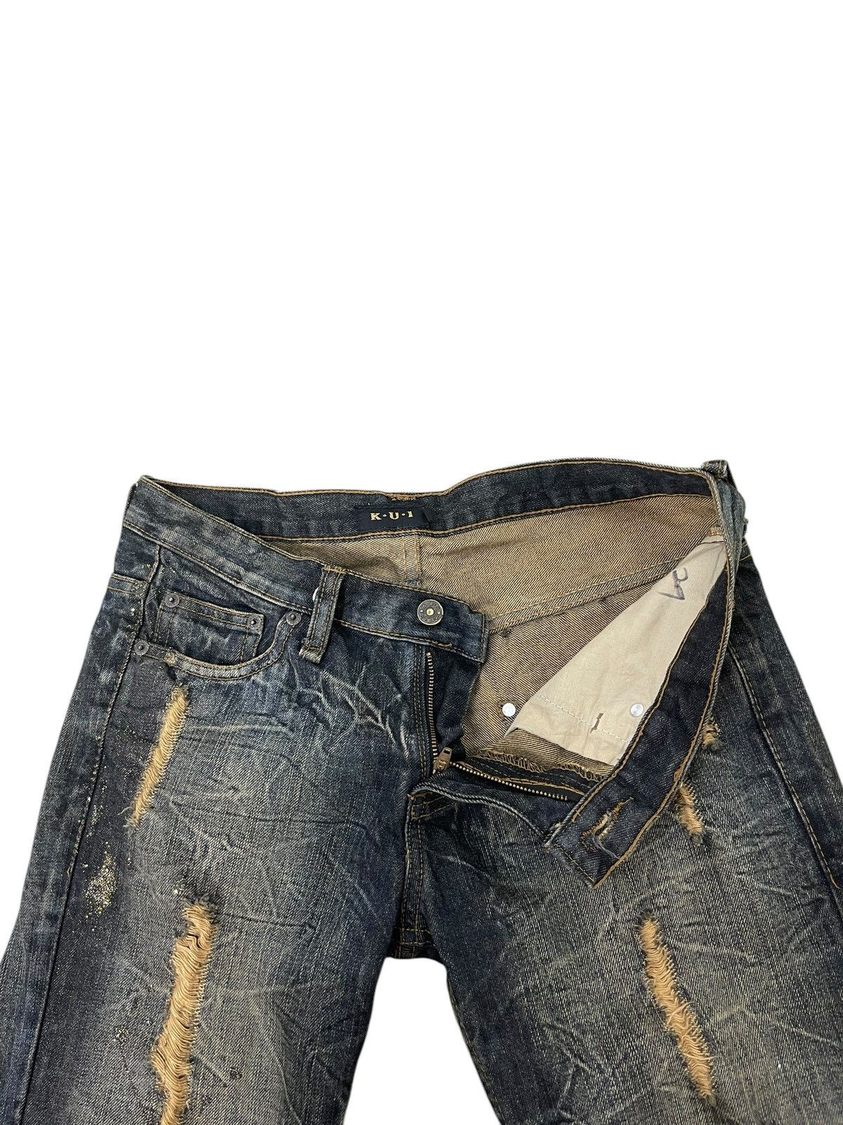 Japanese Brand Slight Flare Jeans K.U.I. Distress Low Rise Boot Cut 8🟦 Size US 33 - 10 Thumbnail