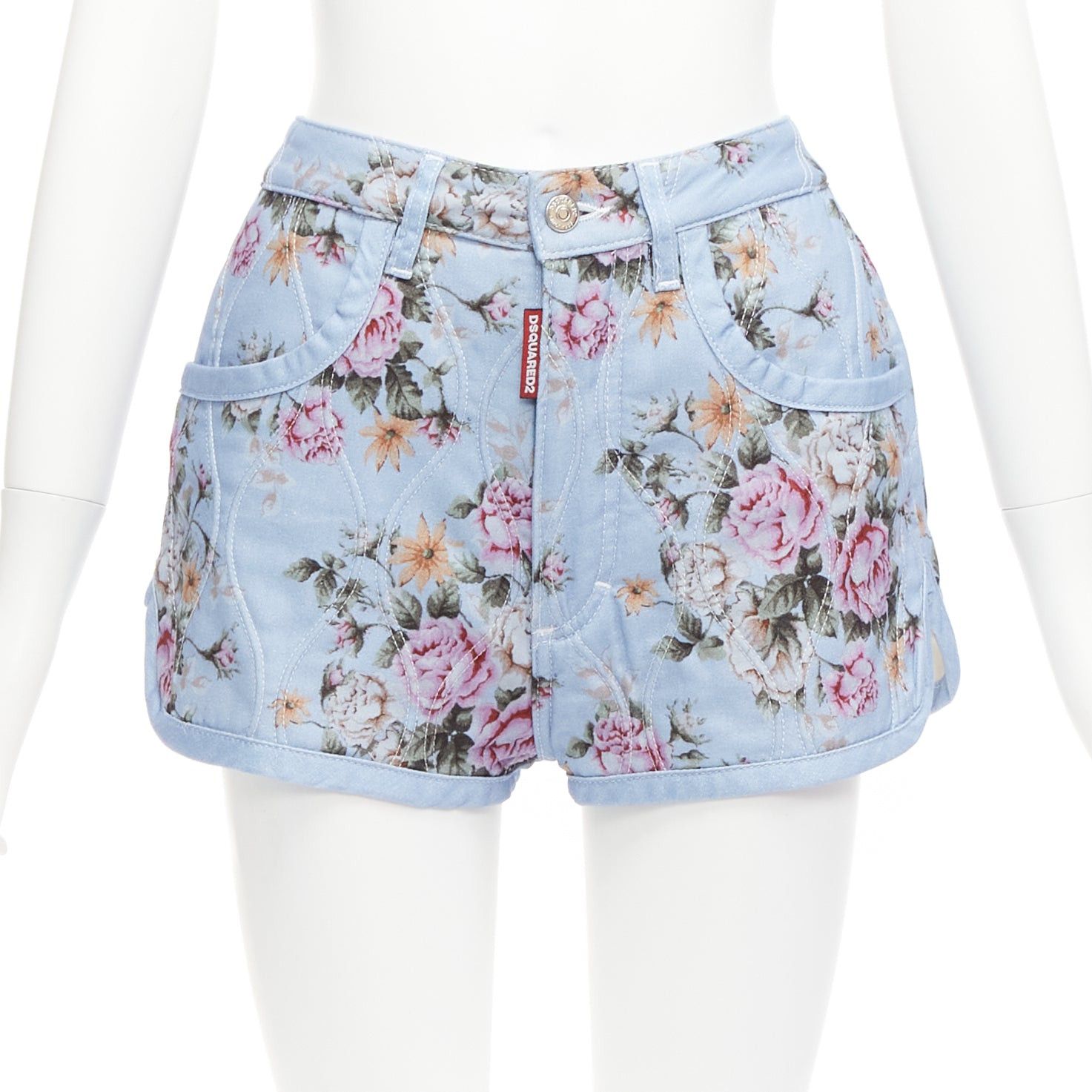 Dsquared2 DSQUARED2 blue vintage floral quilted cotton blend high waisted bloomer shorts IT36 S Size 25" / US 0 / IT 36 - 1 Thumbnail