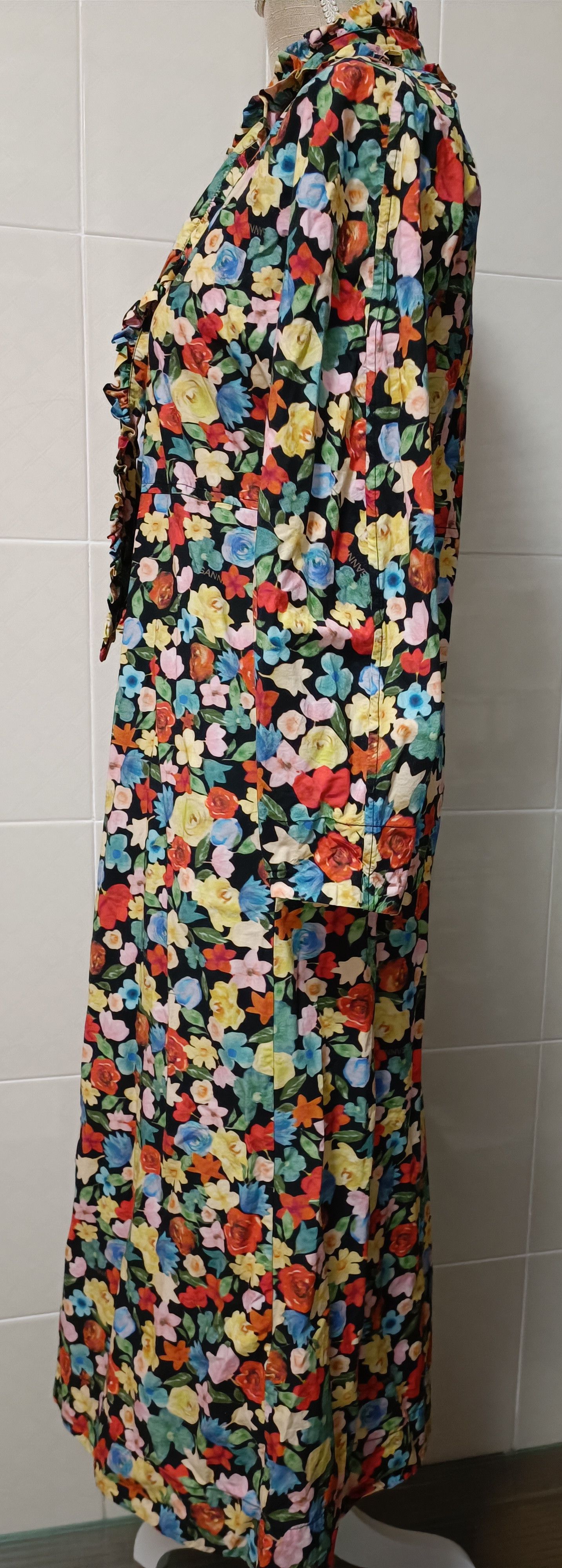 Ganni Tie-Neck Multicolor Floral - Print Cotton -Poplin Maxi Dress Size S / US 4 / IT 40 - 5 Thumbnail
