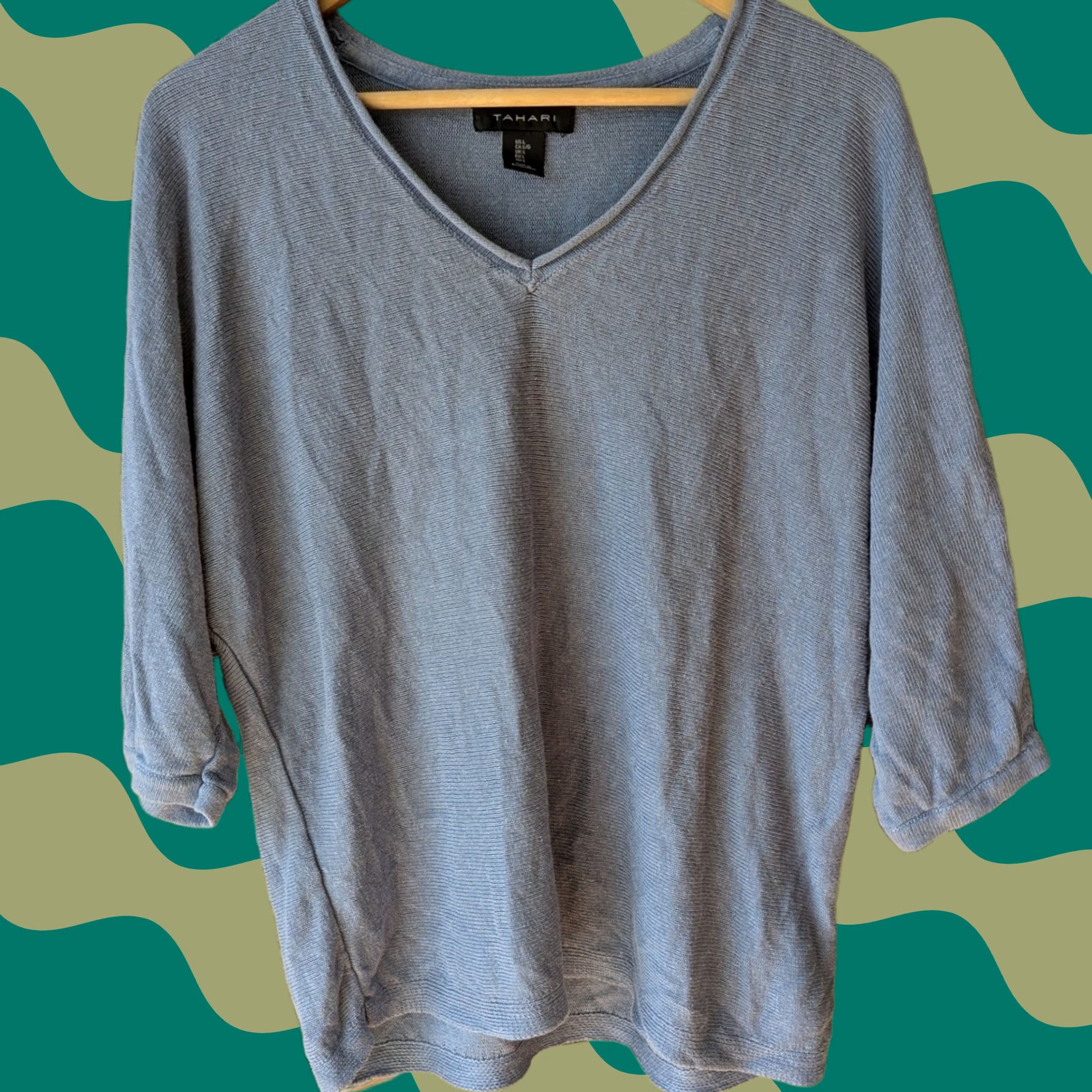 Vintage Tahari KnIT V-Neck Dolman Sleeve Sweater Top Blue L Linen Blend Knit Pullover Womens Size L Short Sleeves? Size L / US 10 / IT 46 - 1 Thumbnail