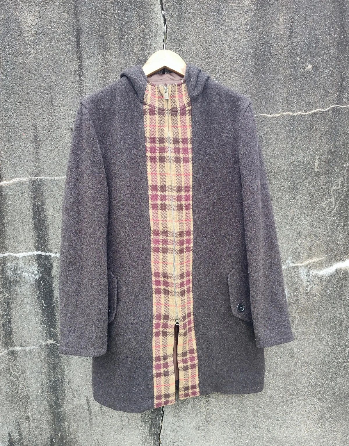 PPFM Hooded Wool Coat with Plaid Panel – Japan Exclusive