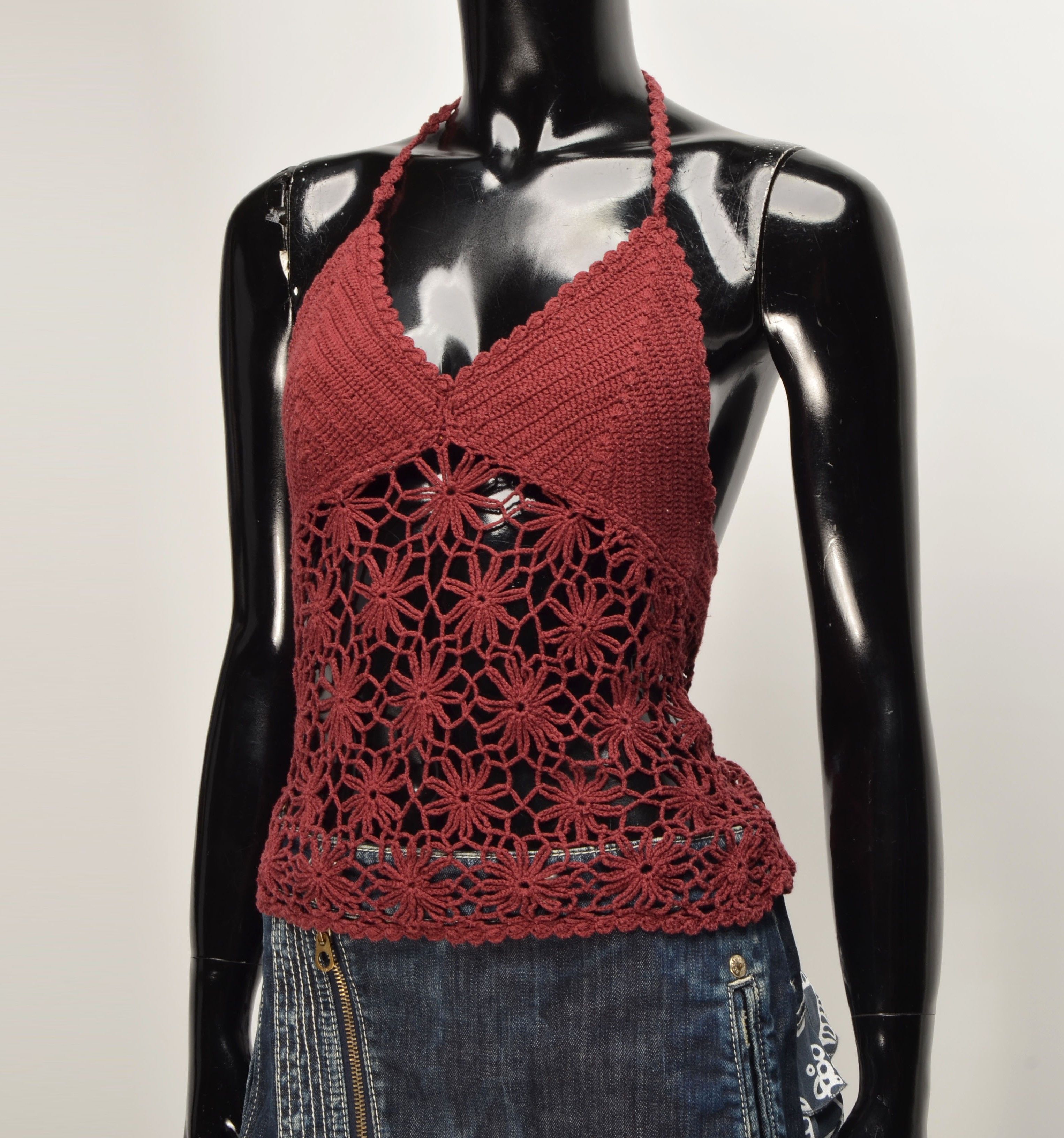 Designer Vintage Yes or No Y2K Crochet Knit Fairy Boho Halter Top Size M / US 6-8 / IT 42-44 - 2 Thumbnail