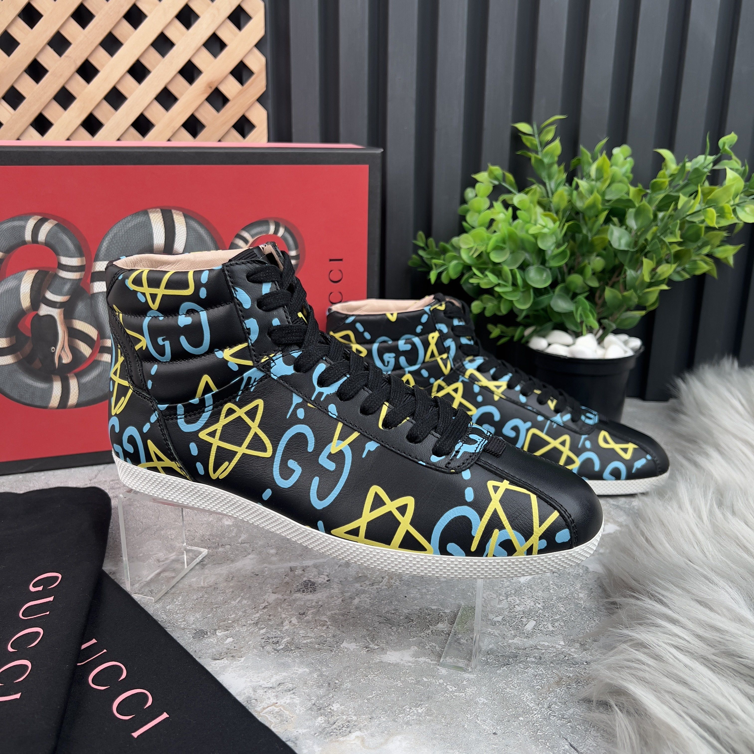 Gucci Apollo Graffiti Ghost Stars High Top Sneakers Black Logo Size US 7.5 / IT 37.5 - 4 Thumbnail