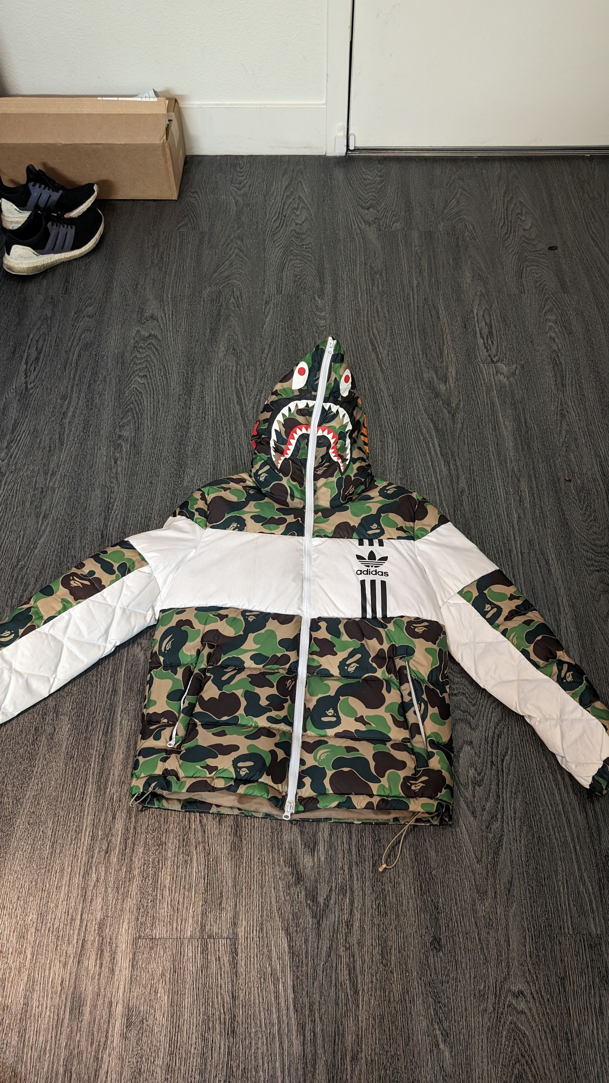 Bape x adidas shark down jacket hotsell