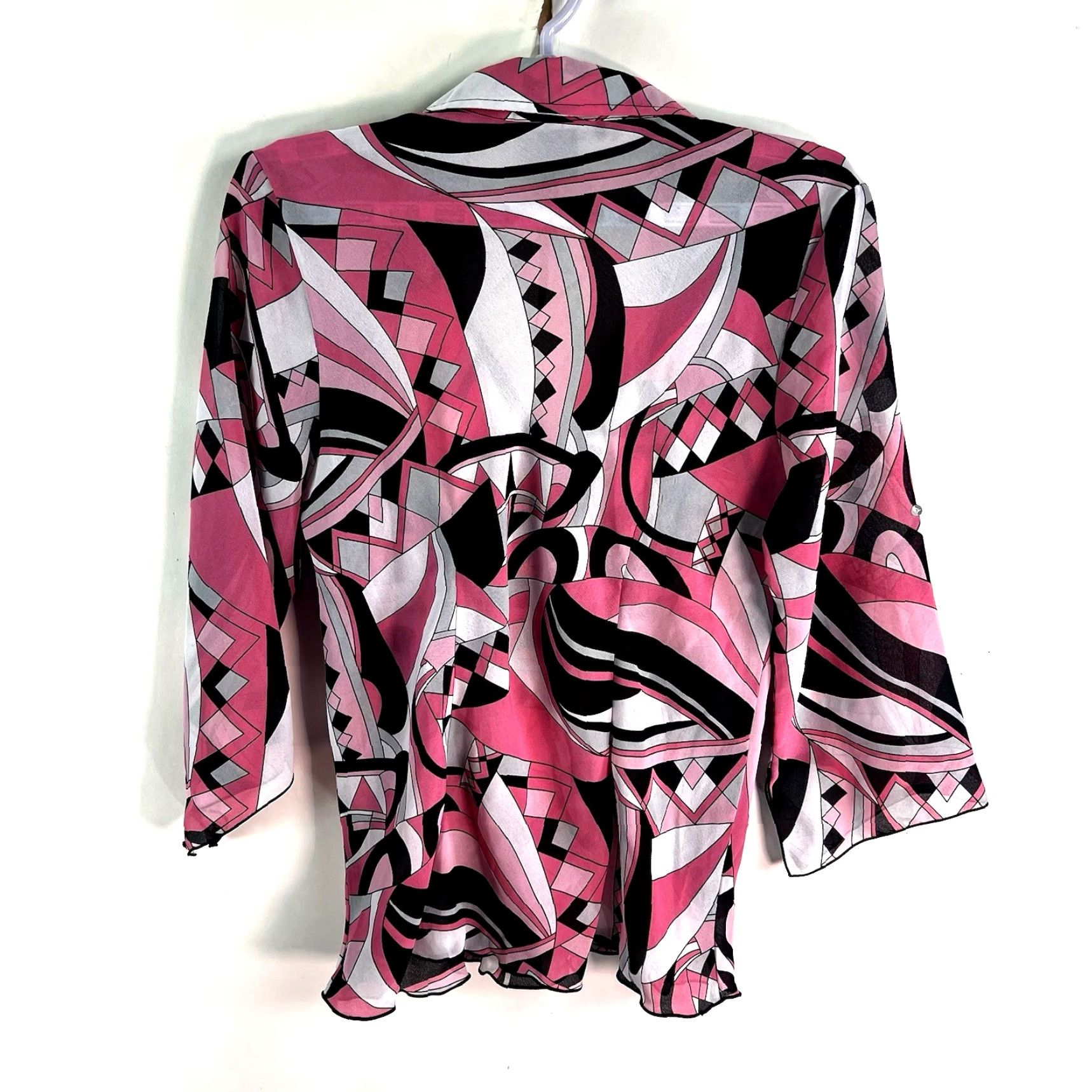 Pinko Blue Diamond Retro Geometric Blouse Womens M Pink Shirt Geometric Button 3/4 Sleeve Collared Bell Vintage No Size M / US 6-8 / IT 42-44 - 6 Thumbnail