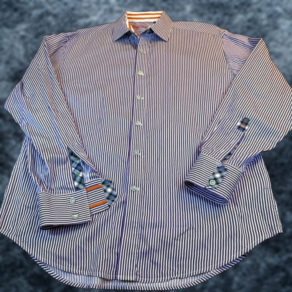 Robert Graham VINTAGE? Robert Graham Shirt Shirt Button-Up Striped Purple White Long Sleeve Button-Down Cotton Mens XL Classic Collar Size US XL / EU 56 / 4 - 1 Thumbnail