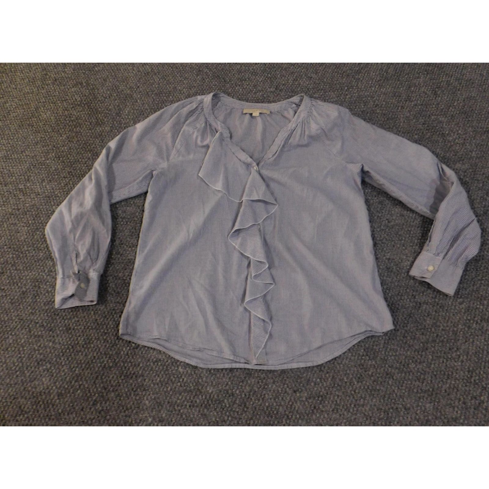 Loft LOFT Ann Taylor Shirt Blouse Womens Small Blue White Stripe V-Neck Long Sleeve Raglan Sleeve, 100% Cotton, Ruffle Accents, Button Cuffs, Curved Hem Size S / US 4 / IT 40 - 2 Thumbnail