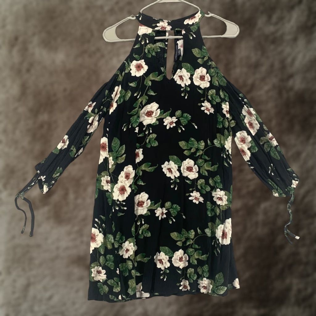 blue dress for baby girl American Eagle Black Floral Bubble Sleeve Ruffle Waist Tie Back Dress- –  The Saved Collection main image 0