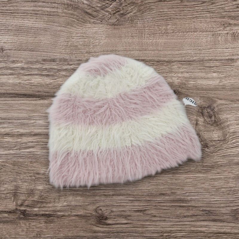 Other Pink White Fluffy Y2K ALT Grunge Striped Knit Hat Size ONE SIZE - 1 Preview