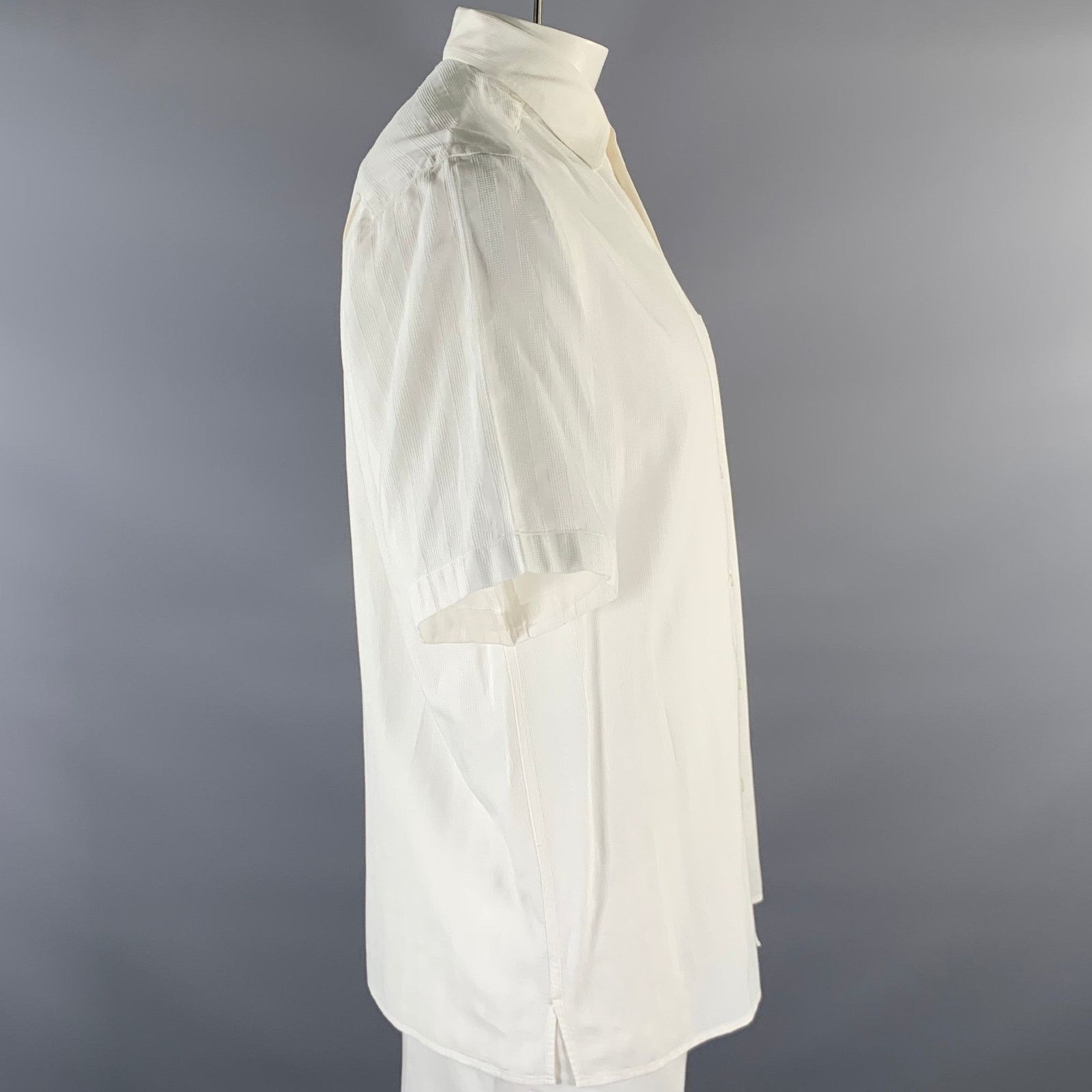 Ermenegildo Zegna ERMENEGILDO ZEGNA L White Stripe Cotton Short Sleeve Shirt Size US L / EU 52-54 / 3 - 3 Thumbnail