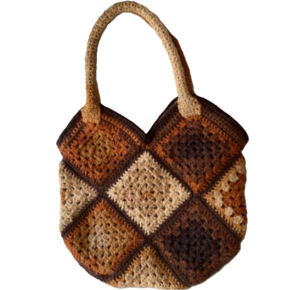 Handmade Crochet Purse Handbag Granny Square Browm Beige Lined w/ Poc Size ONE SIZE - 1 Thumbnail