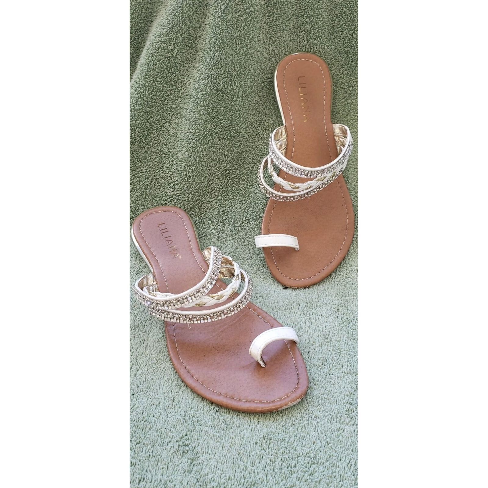 Vintage Liliana Toe Sling Sandal Slide In White with Rhinestones And Gold Leather Weave Sandal Women 10M Size US 8 / IT 38 - 2 Thumbnail