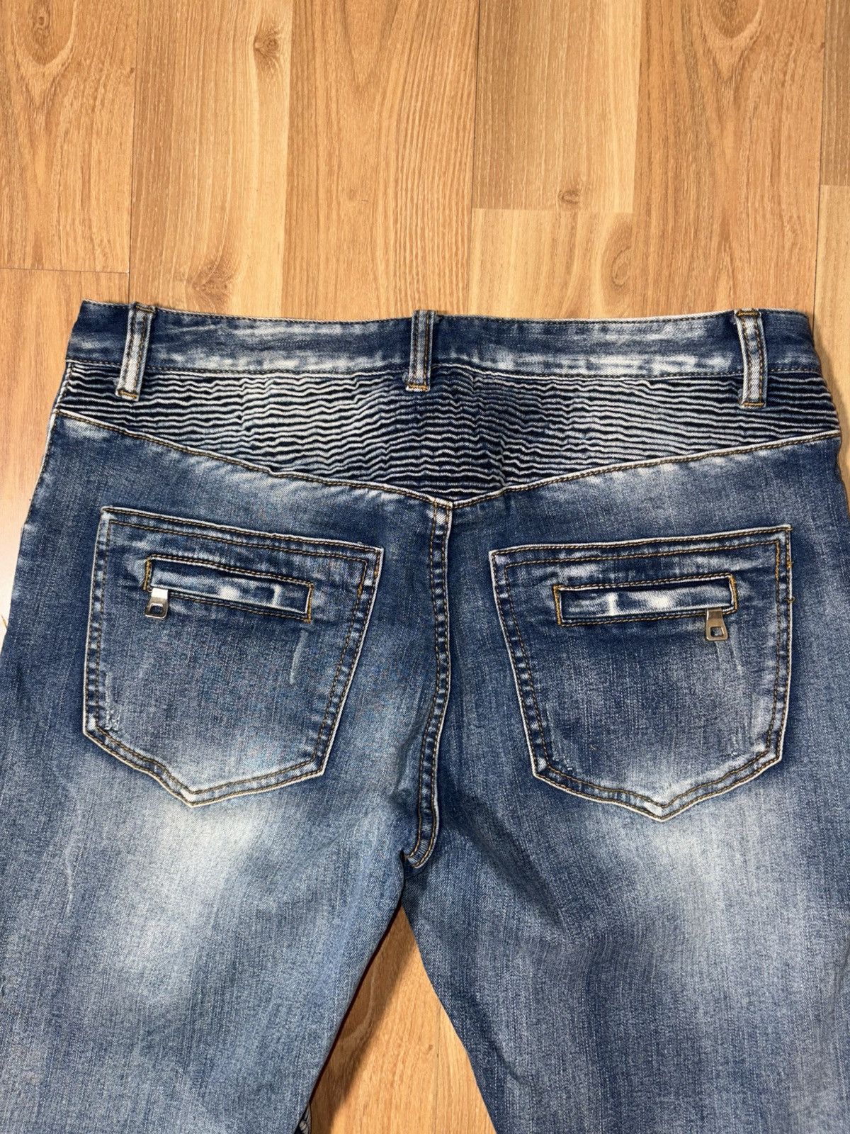 Japanese Brand Balmain style Jeans Blue Moto Biker SlimFit Distressed Denim Size US 33 - 10 Thumbnail