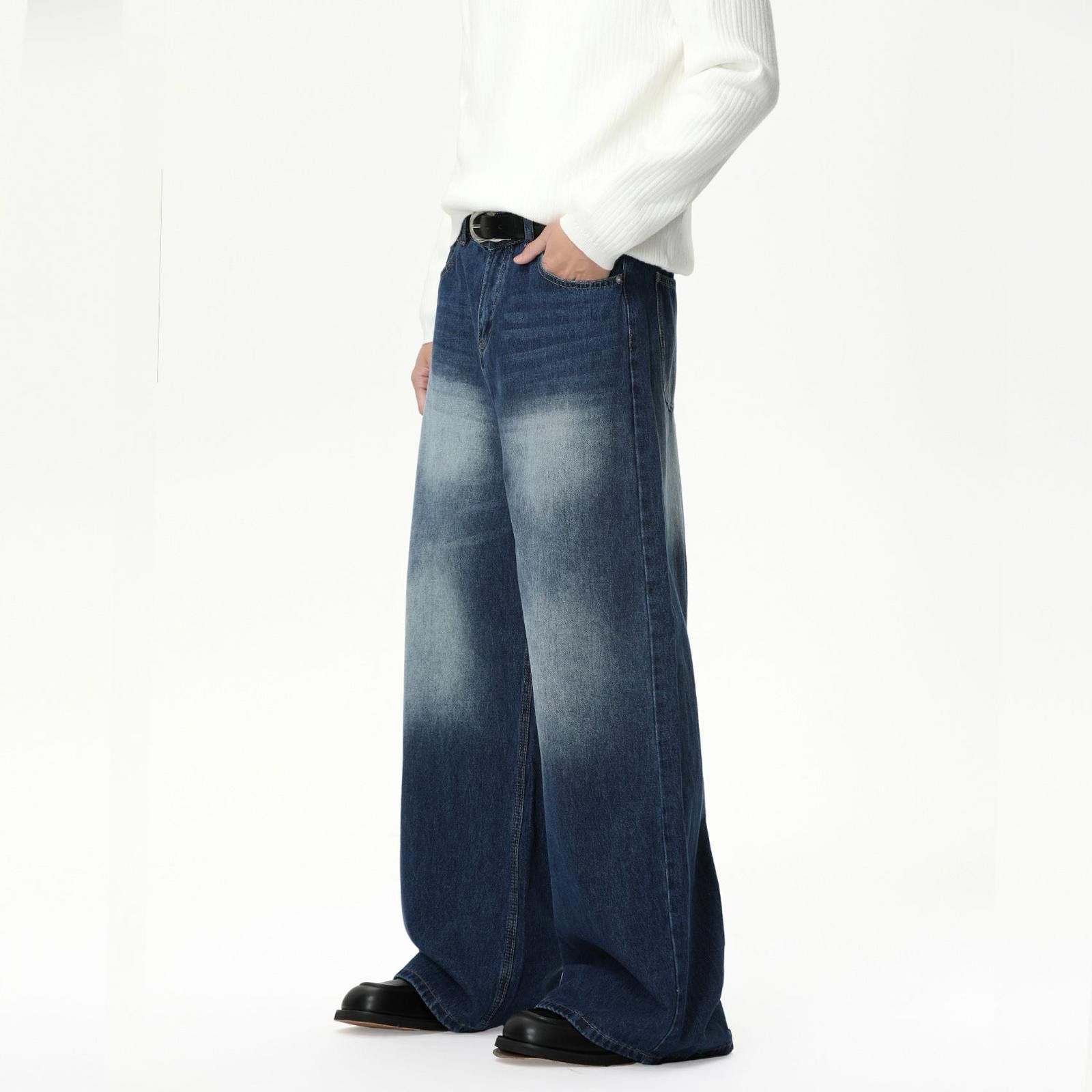 Vintage Wide Leg Distressed Blue and Black Denim Jeans Size US 32 / EU 48 - 4 Thumbnail