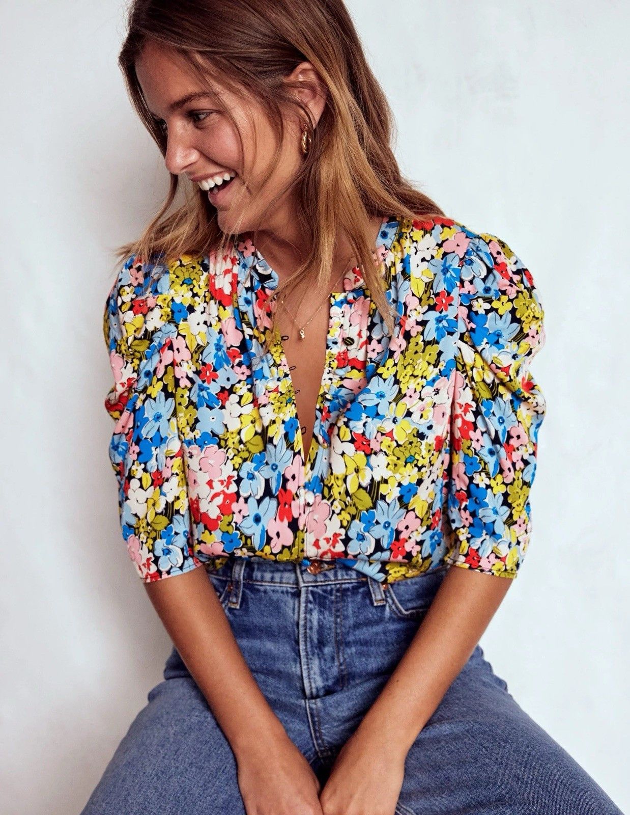 Boden Boden Mutton Sleeve $129 Top Women US 0 Floral Rainbow Size XXS / US 00 / IT 34 - 2 Thumbnail