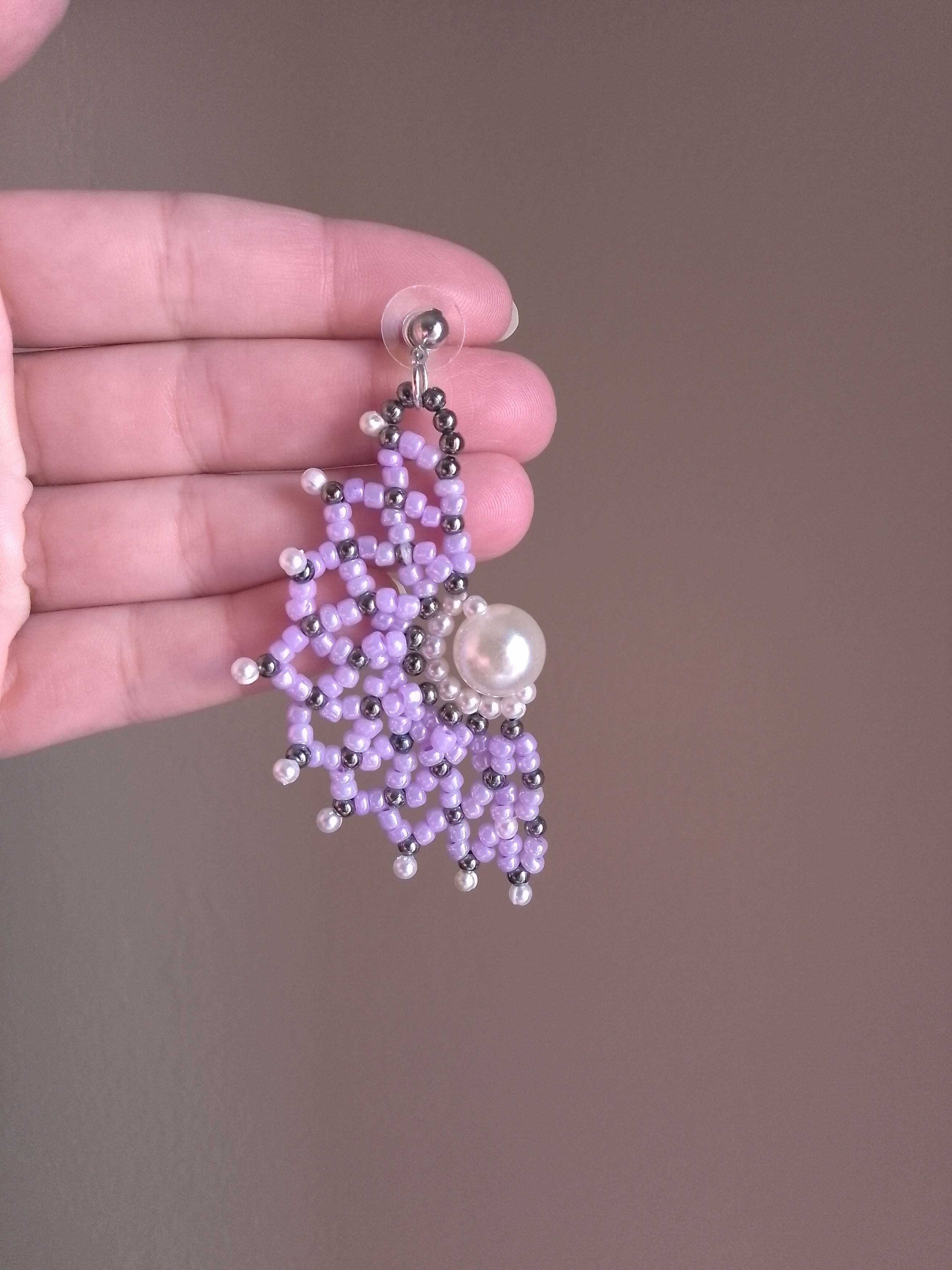 Handmade Earrings Purple Netted Ivory Pearls Fan Shape Size ONE SIZE - 2 Thumbnail