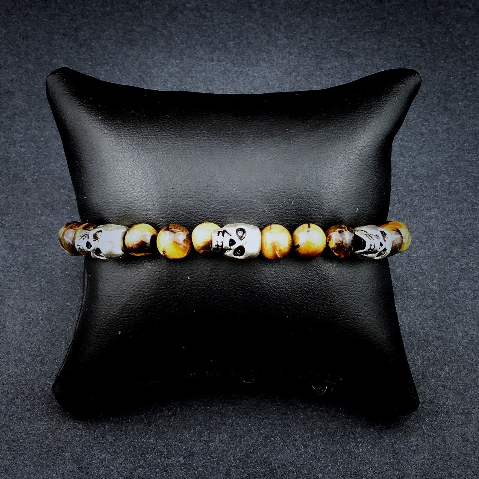 Handmade 💀Silver Skull and Genuine Tiger’s Eye Beaded Bracelet Size ONE SIZE - 5 Thumbnail