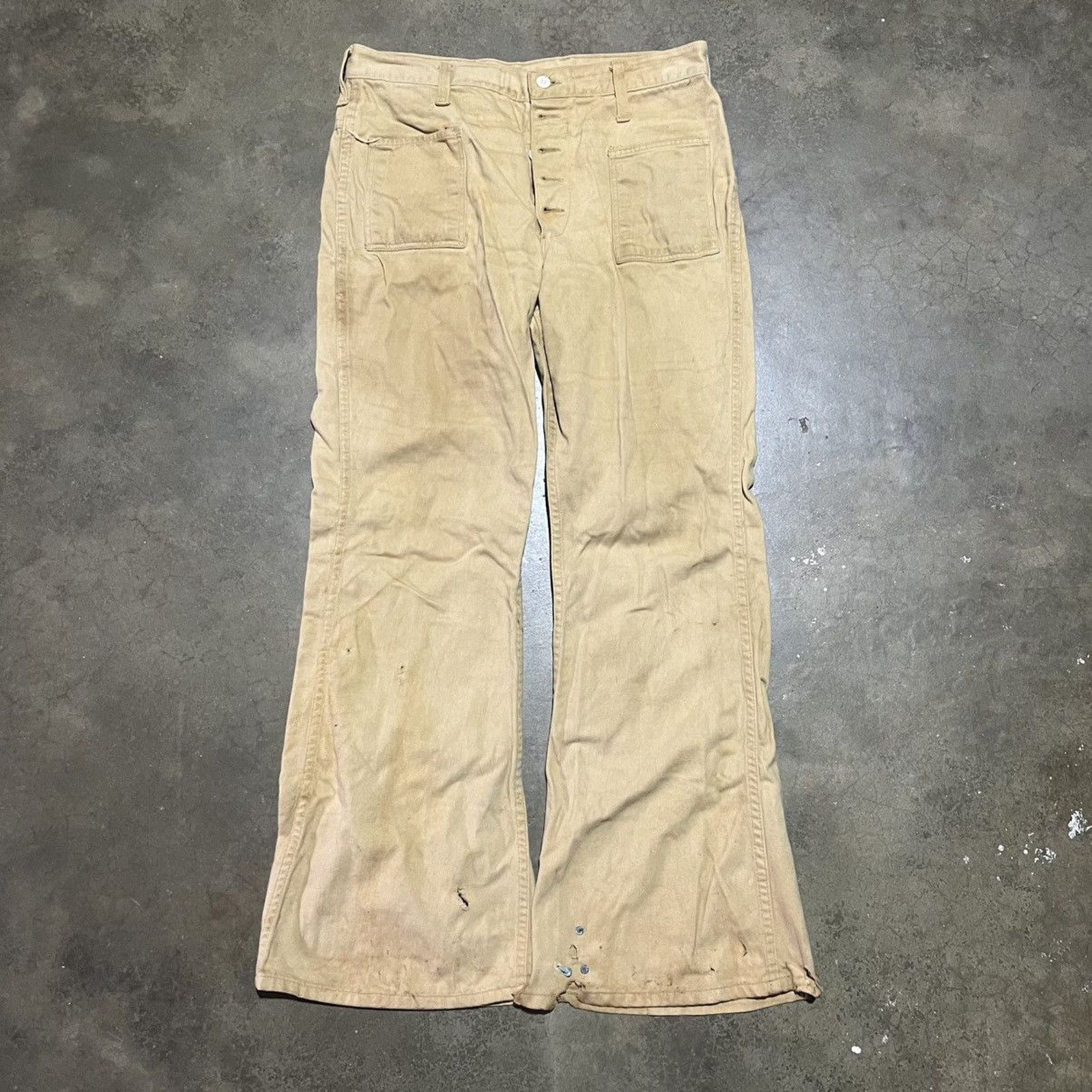 Vintage Vintage 70s Maverick Tan Buttonfly Bell Bottom Pants 31x29 Size 31" - 1 Thumbnail