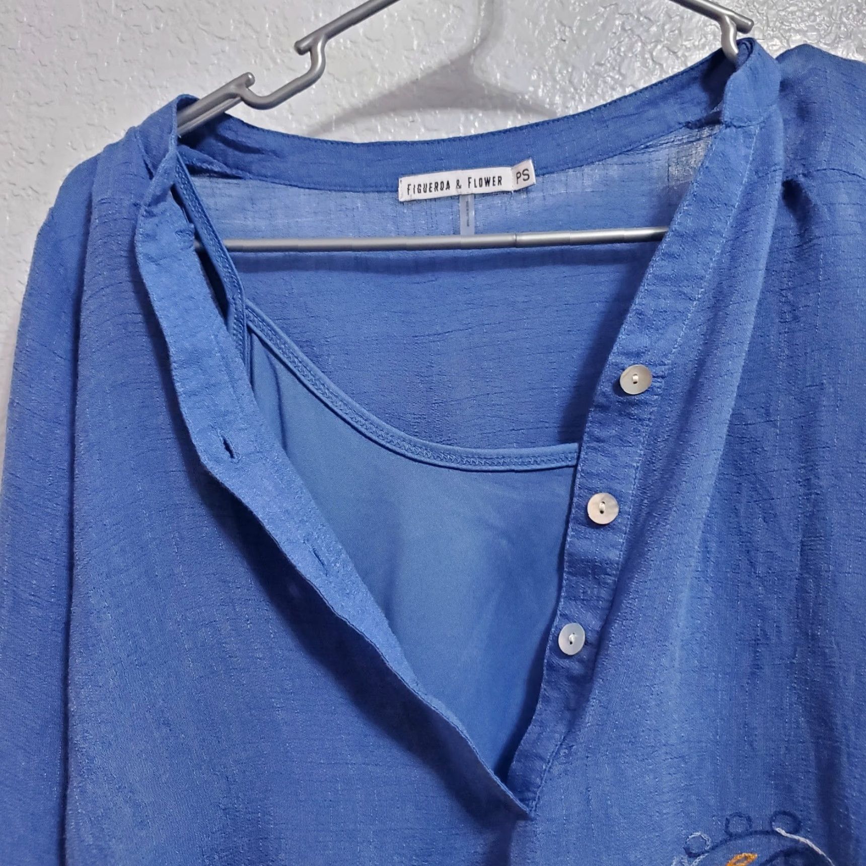 Vintage Figueroa & Flower Blouse Women PS Blue Embroidered Roll Tab Sleeve Attached Cami Size S / US 4 / IT 40 - 5 Thumbnail