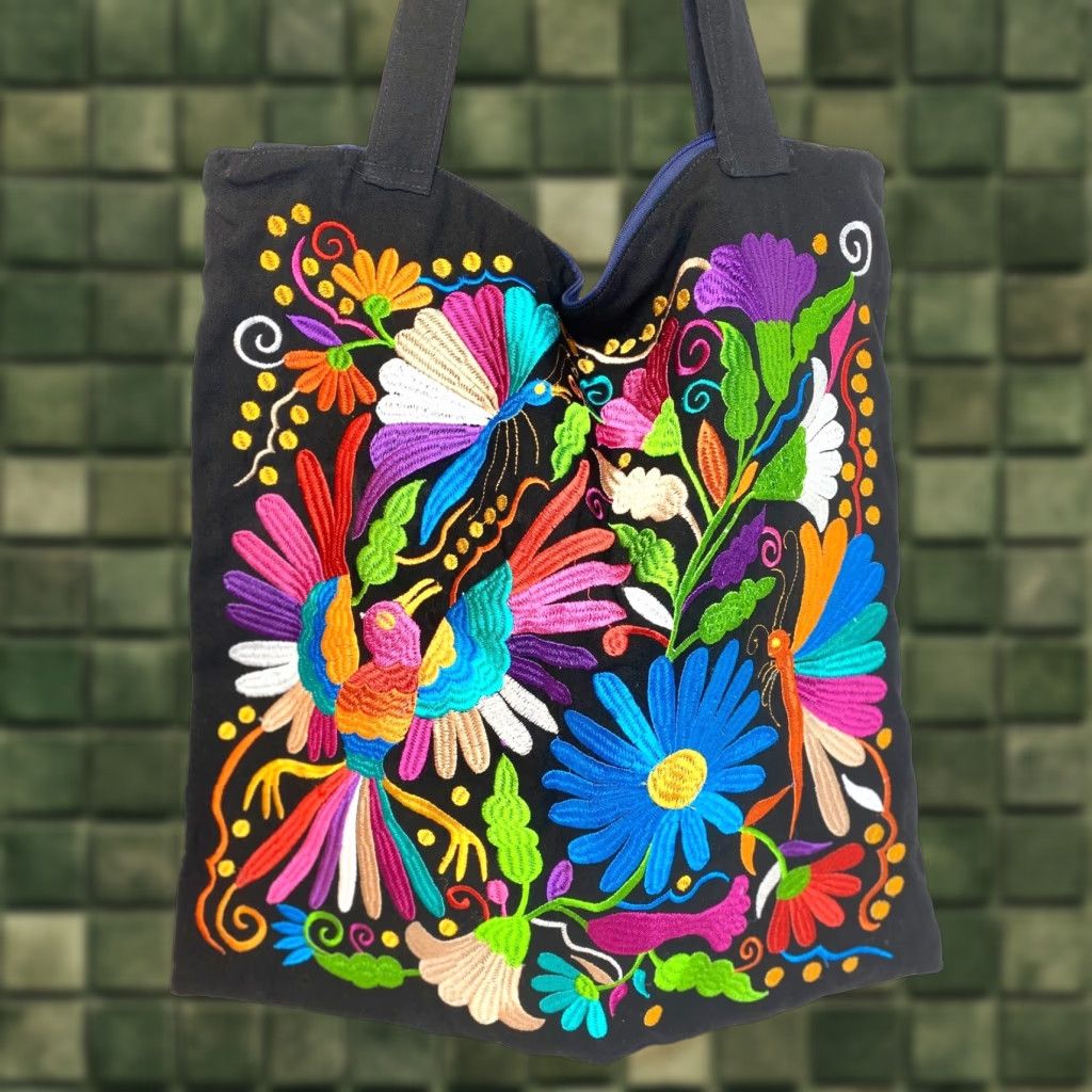 Vintage Colorful Floral Embroidered Shoulder Bag - Large Black Cotton - Casual, Party - Womens