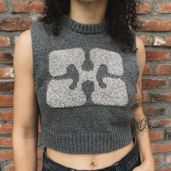 Ganni Ganni Gray Sleeveless Cropped Knit Top with Logo Pattern Size S / US 4 / IT 40 - 3 Thumbnail
