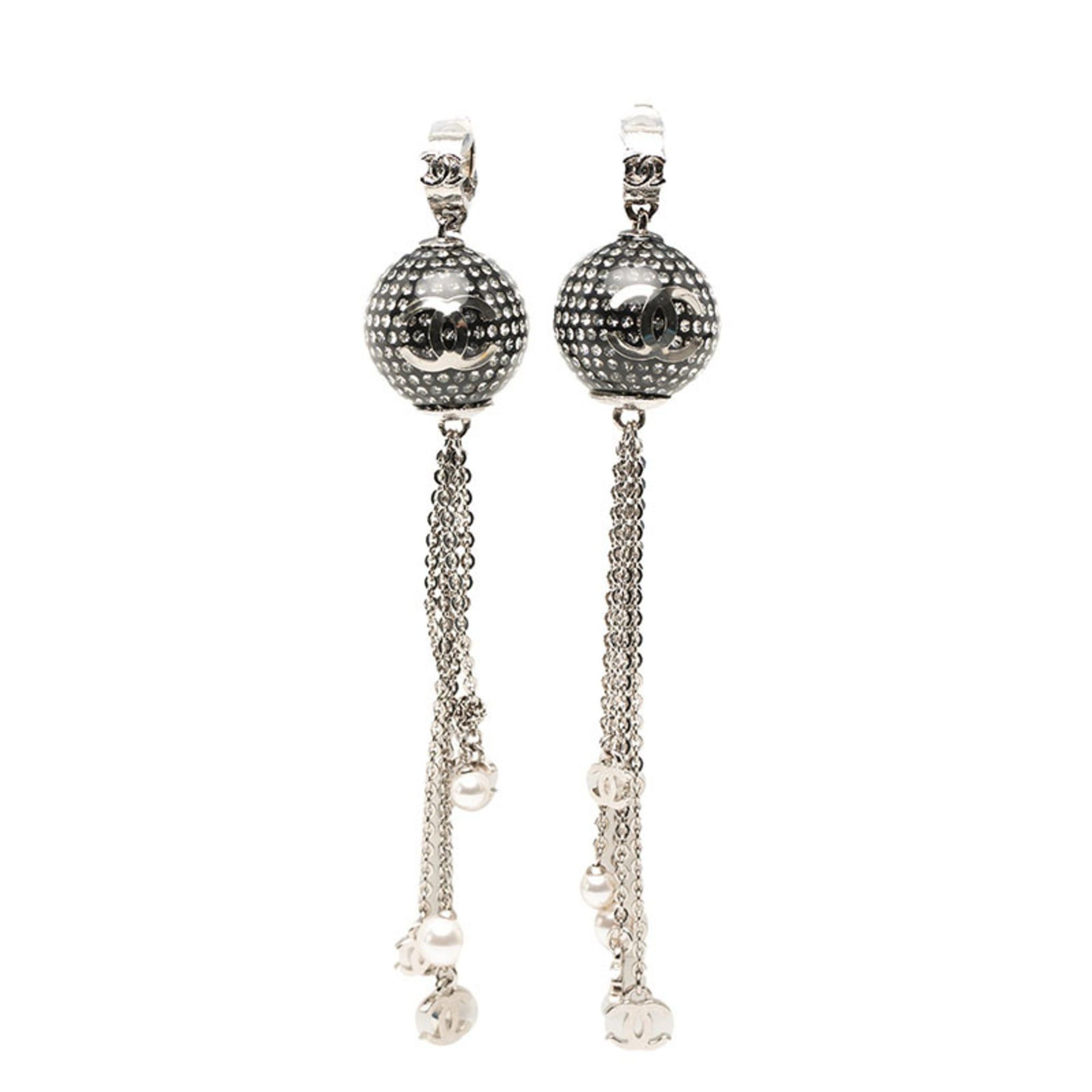 Chanel Chanel Coco Mark Mirror Ball Earrings P21K Silver Metal Faux Pearl Rhinestone Women's CHANEL Size ONE SIZE - 1 Thumbnail