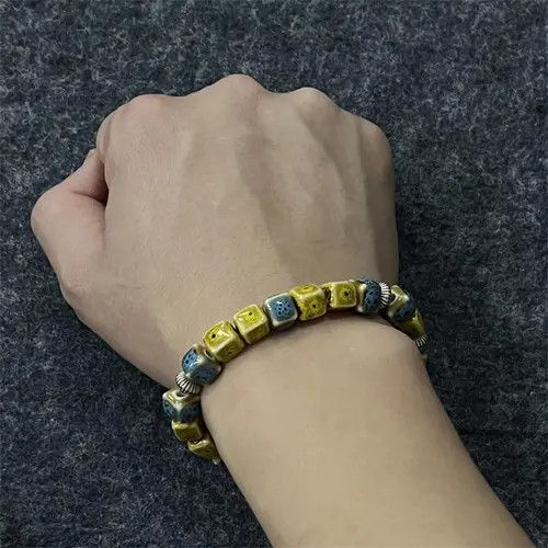 Jewelry Yellow Blue Ceramic Beaded Bracelet, Handmade Beads Size ONE SIZE - 2 Thumbnail