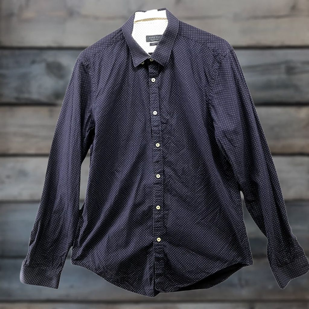 Zara Zara Slim Fit Dress Shirt Mens L Navy Blue White Polka Dot Long Sleeve Button Up Size 42R - 1 Thumbnail