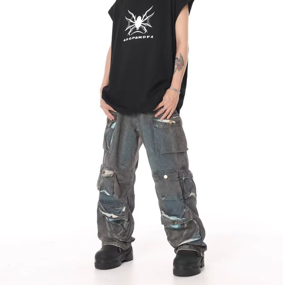 Tie-dyed vintage gradient multi-pocket baggy work jeans