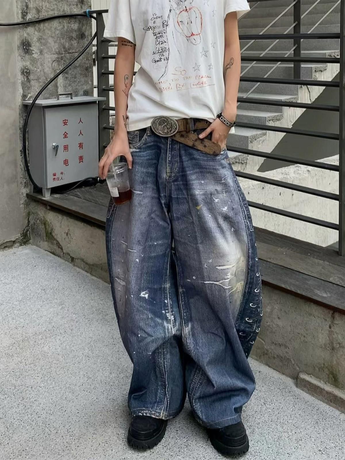 Japanese Brand Blue Distressed Baggy Wide Leg Jeans, Vintage Style Denim Size US 30 / EU 46 - 2 Thumbnail