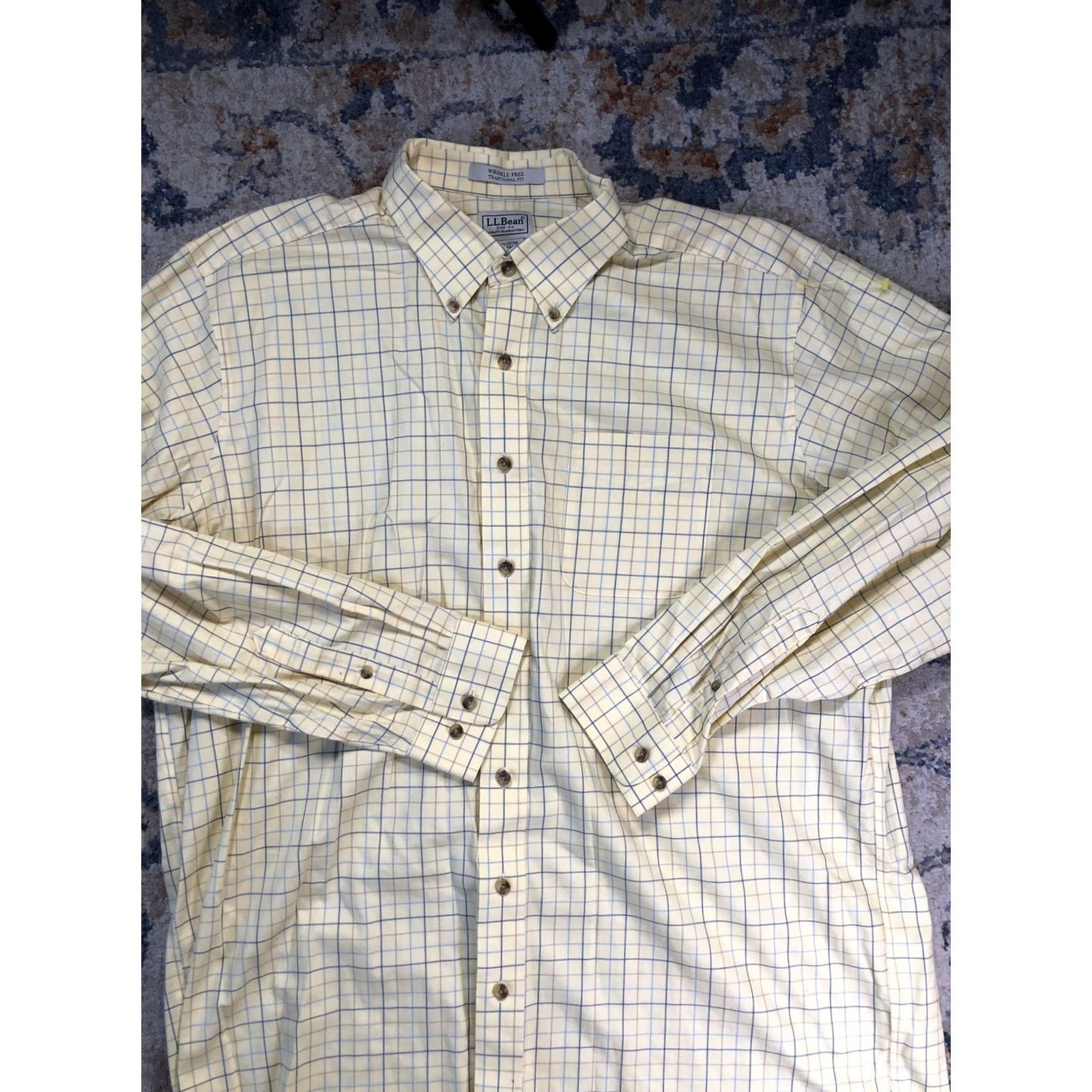 Vintage L.L. Bean Dress Shirt Mens XLT Yellow Check Wrinkle Free Button-Down Classic Fit Size 46R - 2 Thumbnail