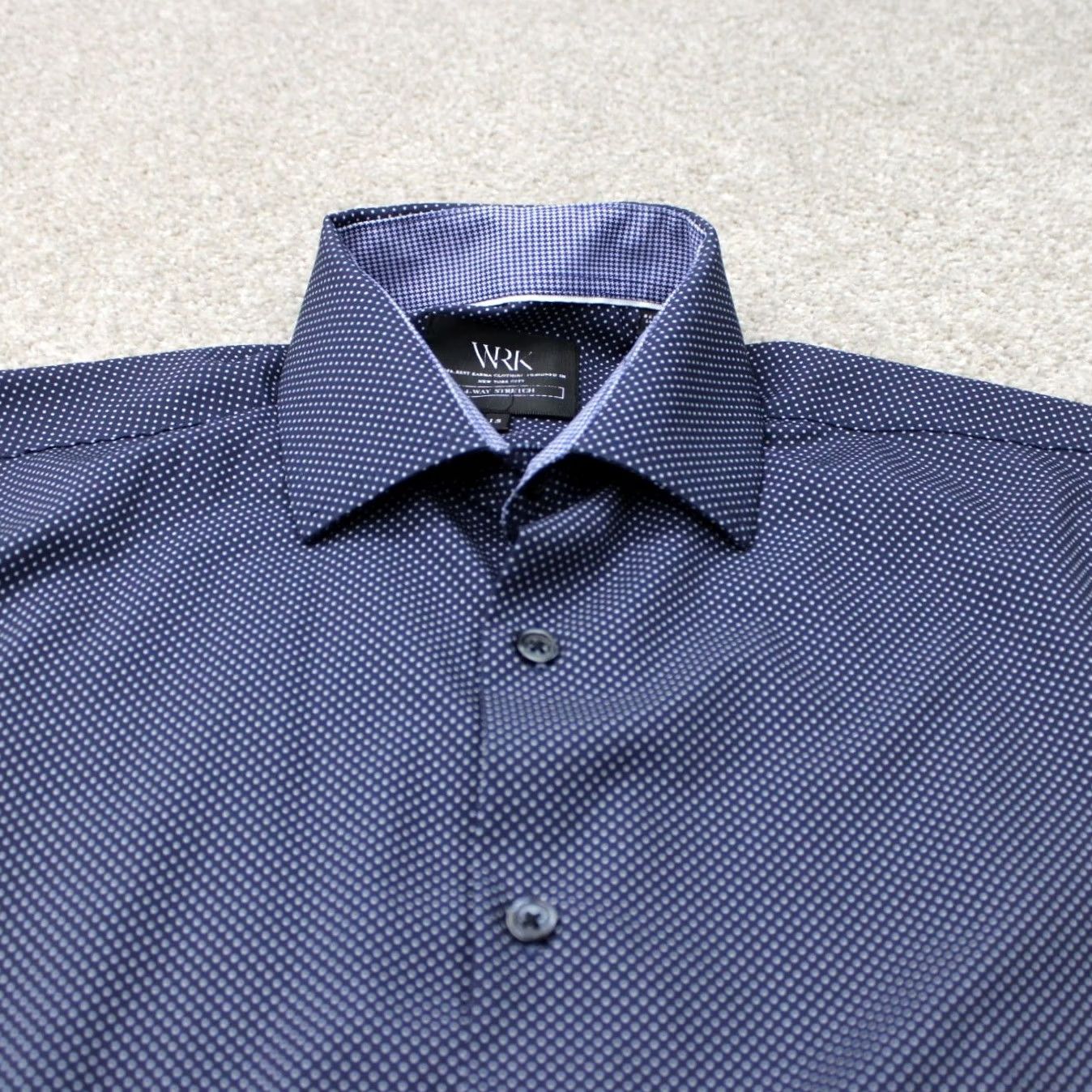 Vintage WRK Dress Shirt Men 15 Blue Geometric 4-Way Stretch Polyester Stretch L/S Button Shirt Mens Blue Geometric 4-Way Stretch Dress Shirt Size 40R - 5 Thumbnail