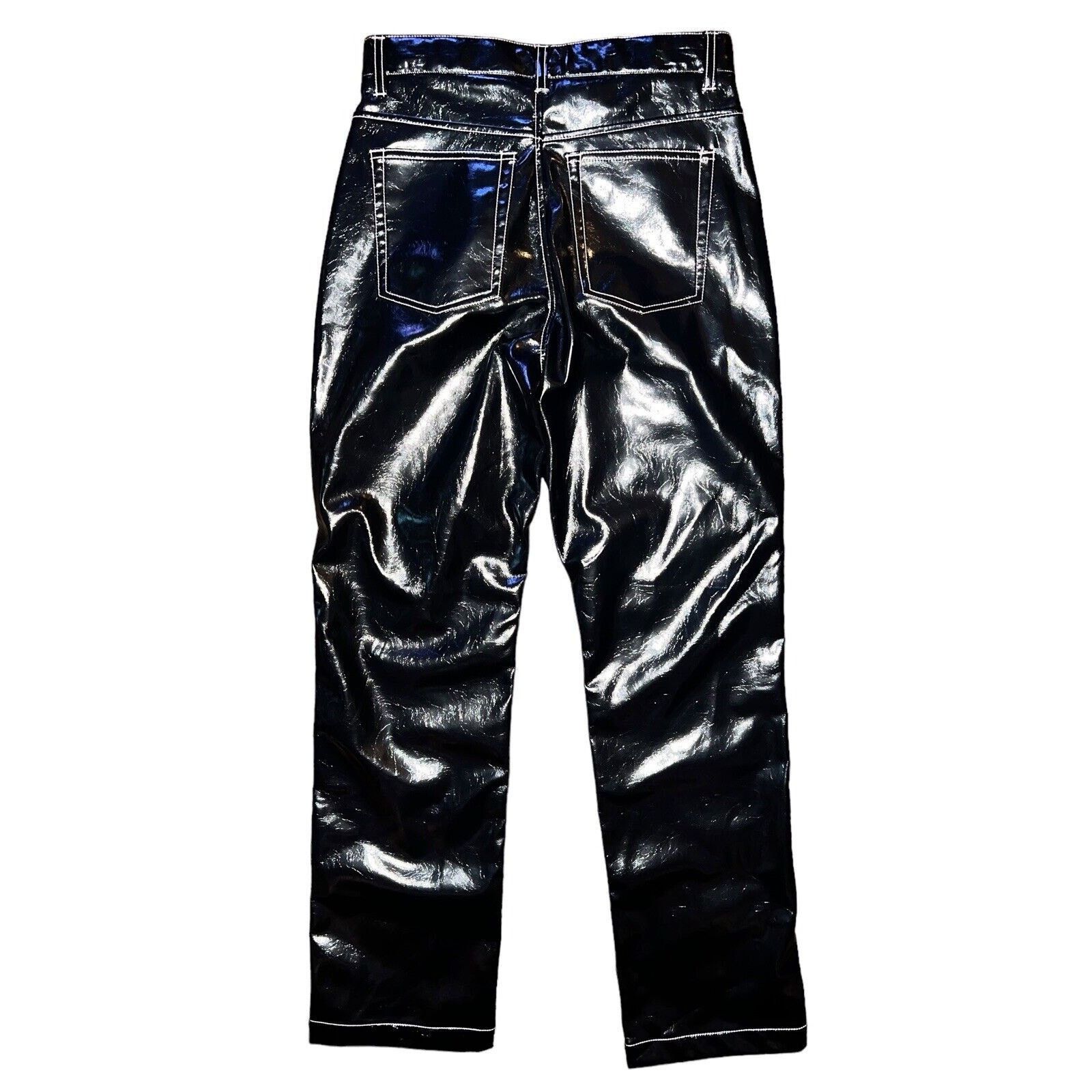 H&M Womens H&M Faux Leather Straight Pants Black W/ White Seams Size 28" / US 6 / IT 42 - 3 Thumbnail