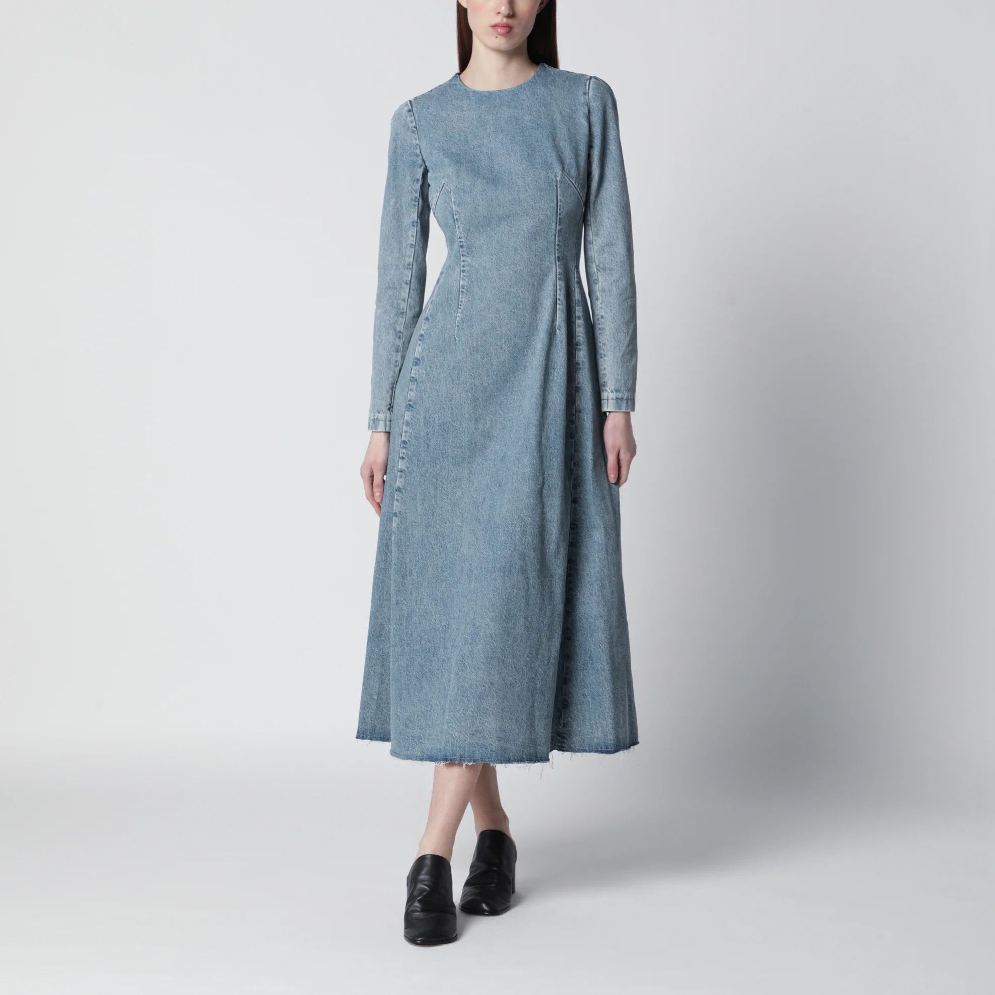 Maison Margiela o1d2blof0426 Cup-Shoulder Denim Midi Dress in Light Blue Size S / US 4 / IT 40 - 1 Thumbnail
