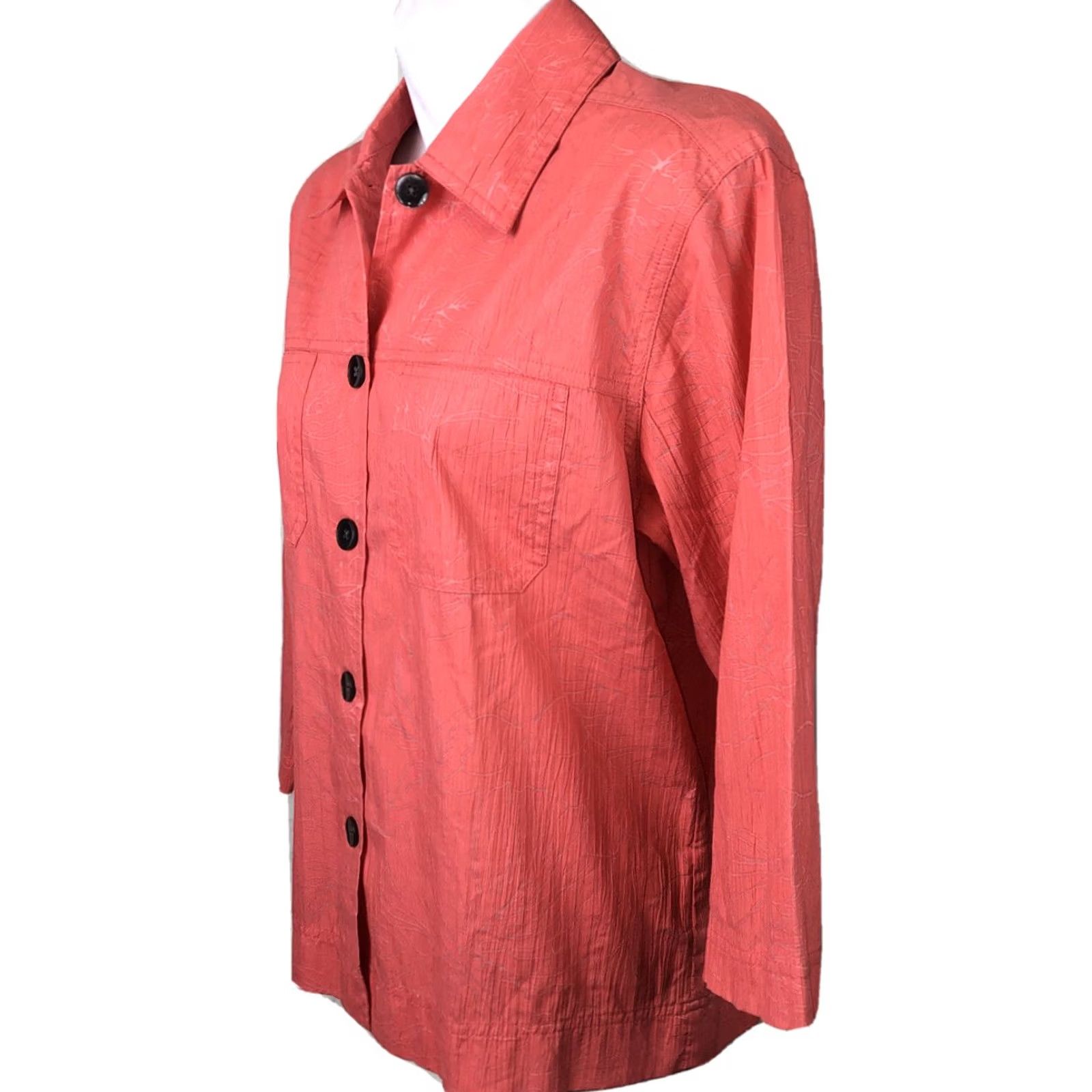 Vintage Karen Scott Top S Orange/Gray Floral ButtonUp 3/4sleeve Collar Pocket Blouse Women Size S / US 4 / IT 40 - 2 Thumbnail