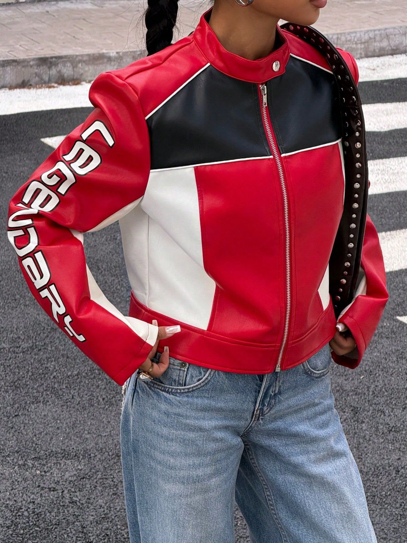 Other Women’s Red Cropped Racing Jacket | Black White Moto Style Size L / US 10 / IT 46 - 1 Thumbnail