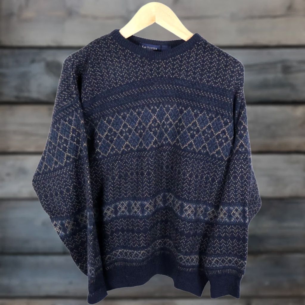 Van Heusen VINTAGE Van Heusen Sweater Shirt Men M Dark Blue Geometric Pattern 90s Dad Style Pullover Knit Crew Neck Size US M / EU 48-50 / 2 - 1 Thumbnail
