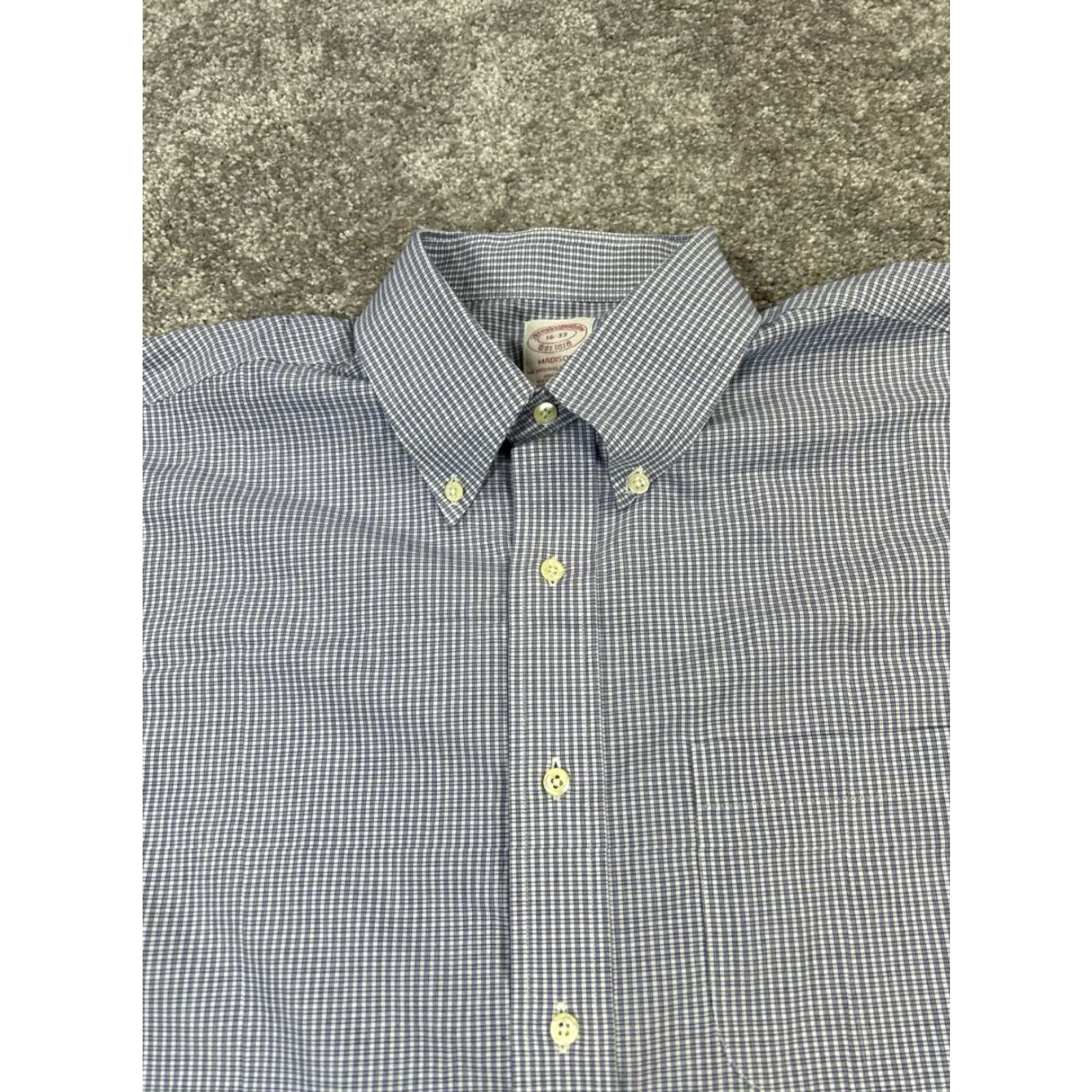 Brooks Brothers Brooks Brothers Dress Shirt Mens 16 Blue White Cotton Button Up Shirt Busy? (Note: must only use original words) Size 42R - 2 Thumbnail