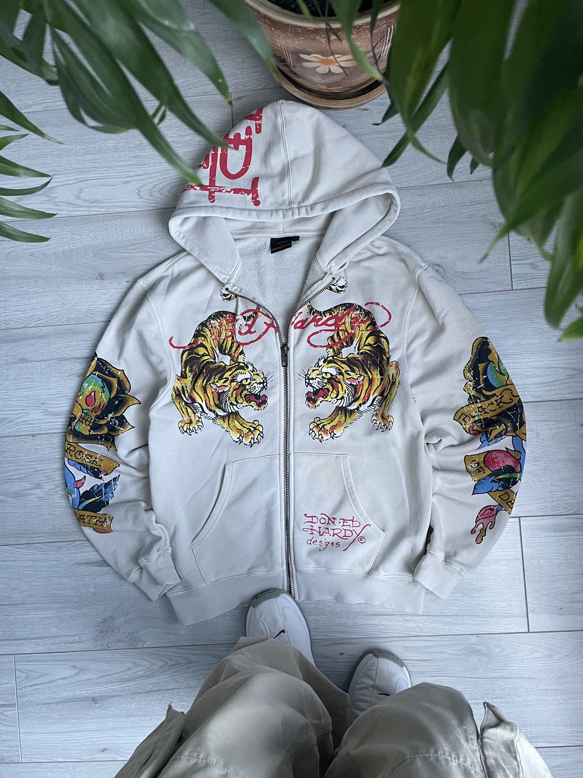 image of Ed Hardy Urban Outfitters Oversized Zip Up Hoodie Tigers in White, Men's (Size XS)