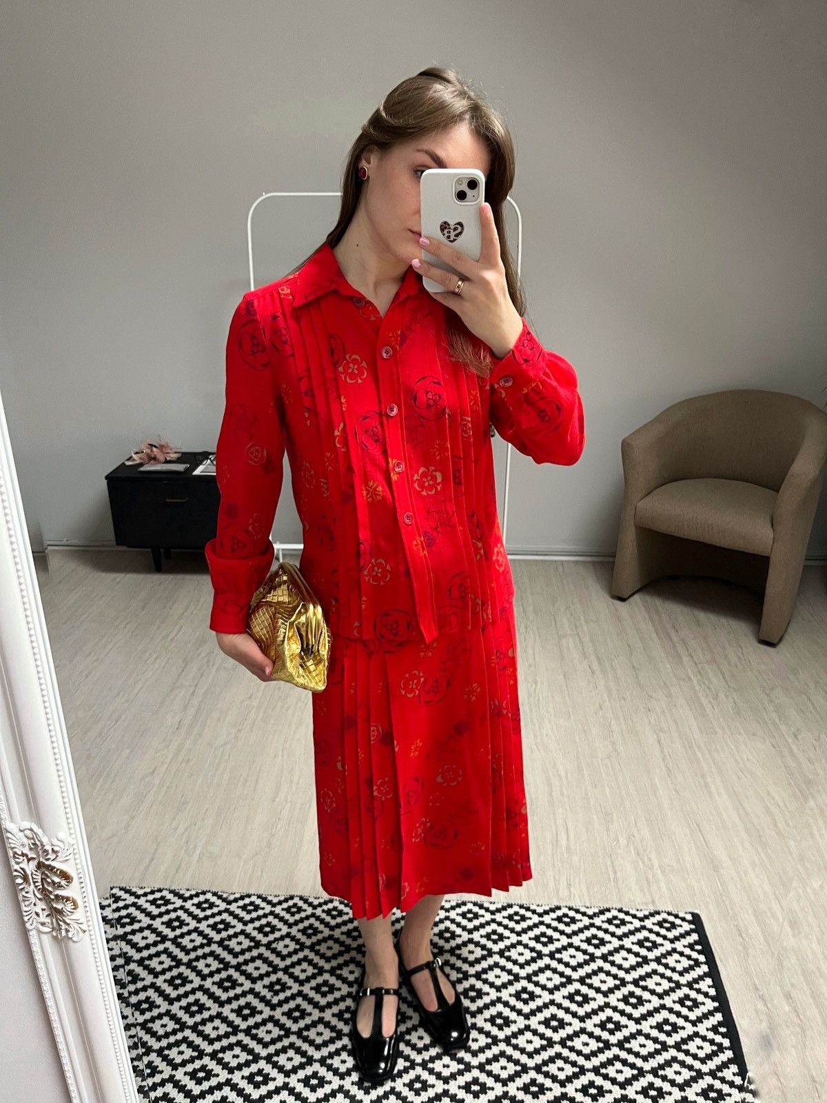 Celine Vintage 80s CELINE Paris Skirt Suit Red Floral Wool Size 40 Size M / US 6-8 / IT 42-44 - 2 Thumbnail