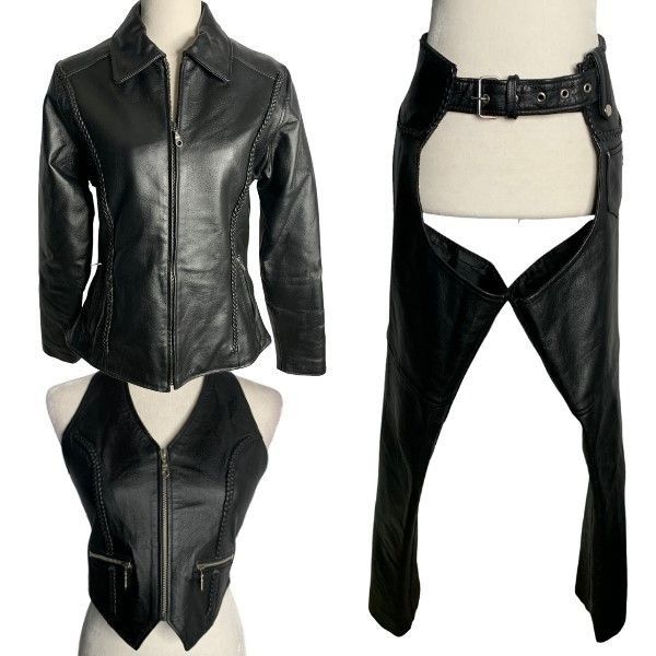 image of Vintage 90's Bikers Club Leather Riding Set Xs Black Jacket C, Women's